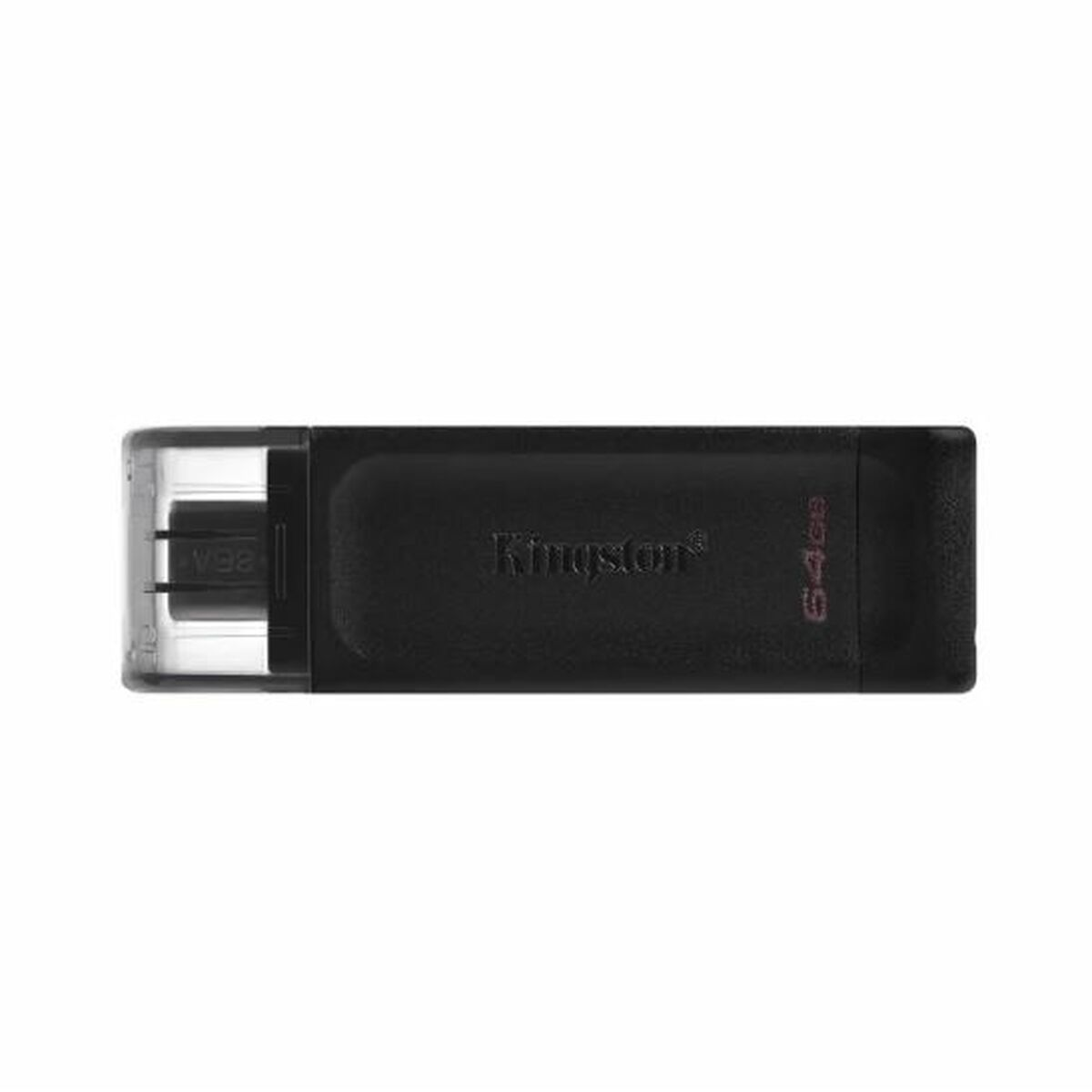 Ein schwarzer Kingston USB-Stick mit einer durchsichtigen Kunststoffkappe. Er hat das Kingston-Logo und 64GB aufgedruckt.