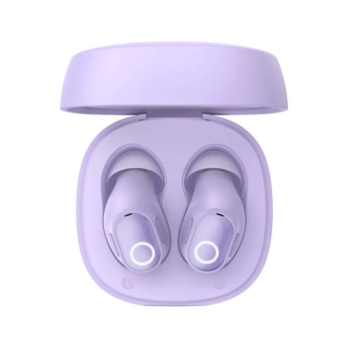 Custodia per auricolari lavanda aperta con due auricolari all'interno. La custodia è aperta, mostrando gli auricolari nei loro alloggiamenti.