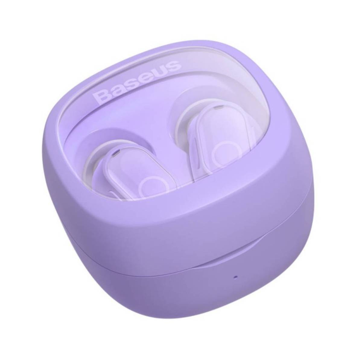Un astuccio per auricolari Baseus viola con due auricolari bianchi all'interno, il coperchio è trasparente. La parola Baseus è in cima all'astuccio.