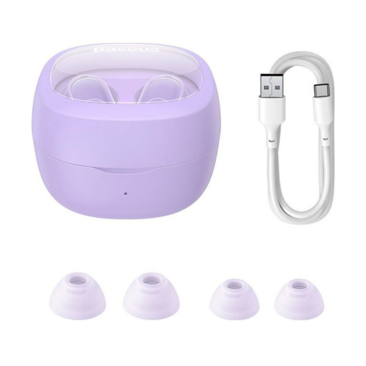 Una custodia per auricolari Baseus viola, auricolari, cavo USB bianco e gommini su sfondo bianco.