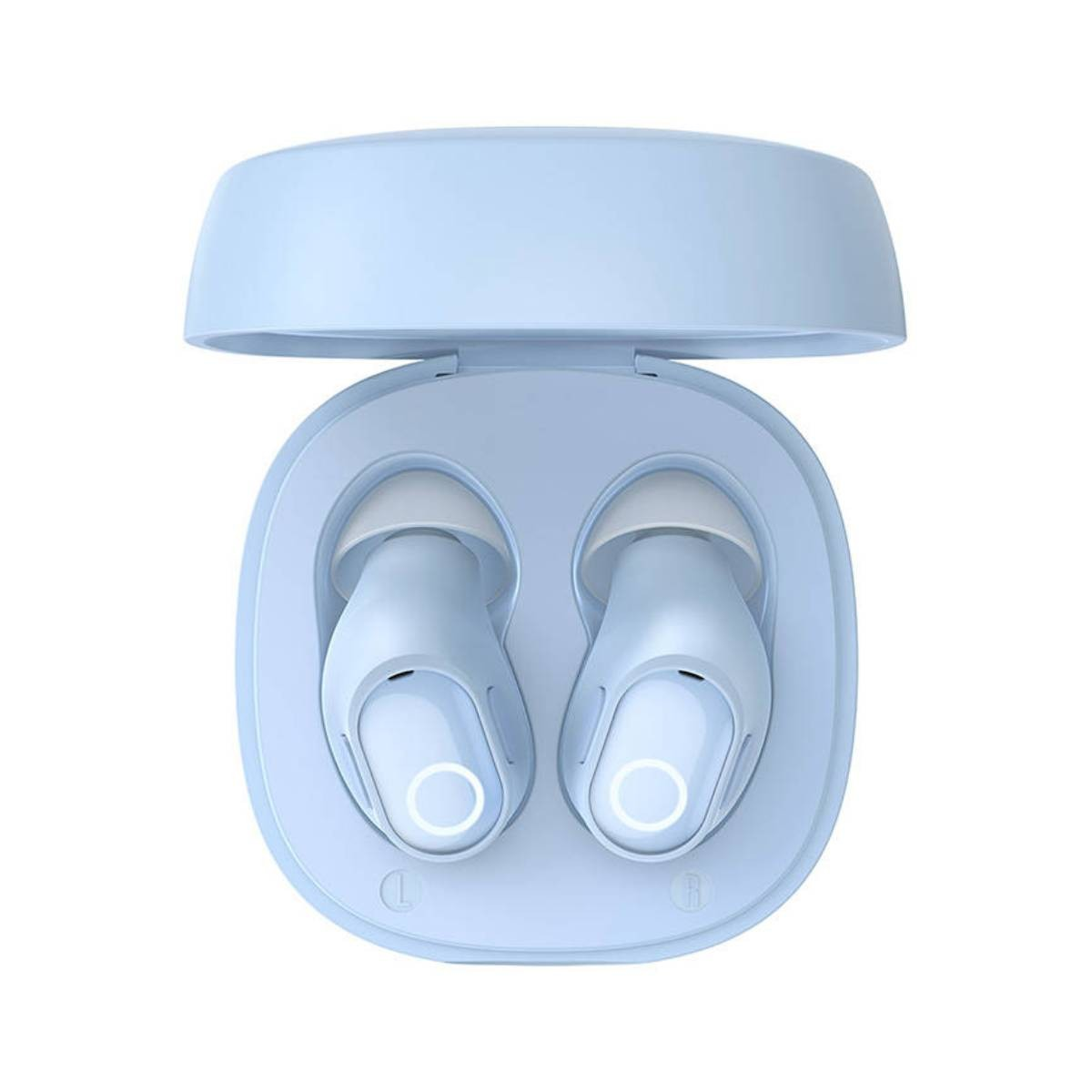 Étui bleu clair ouvert avec deux écouteurs bleu clair à l'intérieur. Chaque écouteur a une pointe blanche et un design circulaire.