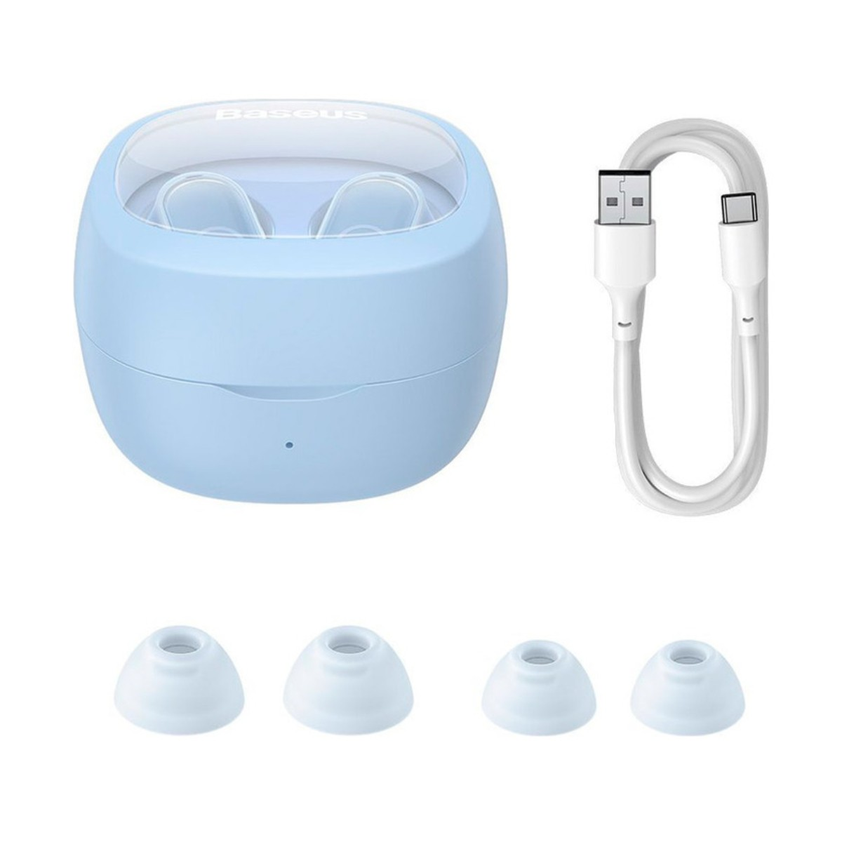 Un étui d'écouteurs Baseus bleu clair avec des écouteurs à l'intérieur, un câble USB blanc et quatre embouts de rechange sur fond blanc.