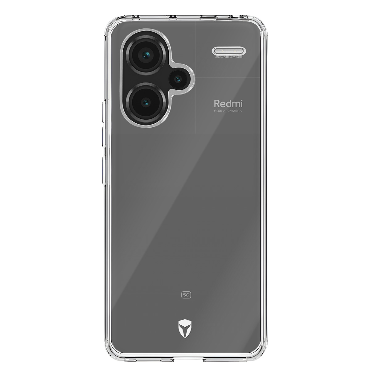 Una custodia trasparente con un telefono all'interno. Il telefono ha delle fotocamere e il logo Redmi è visibile. La custodia ha un logo 5G.