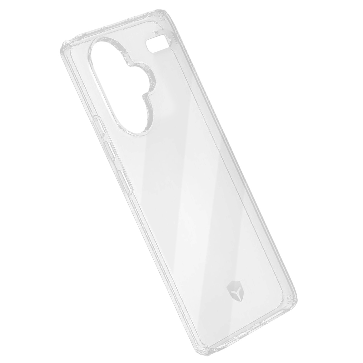 Una custodia trasparente per telefono. Ha aperture per la fotocamera e i pulsanti e un logo in basso. Su sfondo bianco.