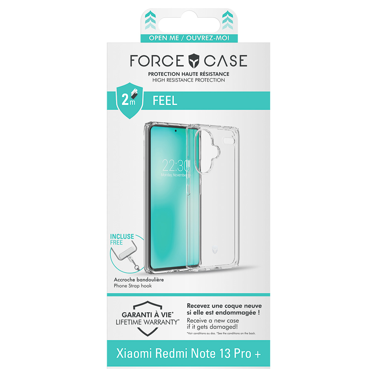 Un pacchetto di custodia per telefono con il telefono all'interno, il pacchetto è bianco e trasparente. Dice "FORCE CASE" e "Xiaomi Redmi Note 13 Pro +".