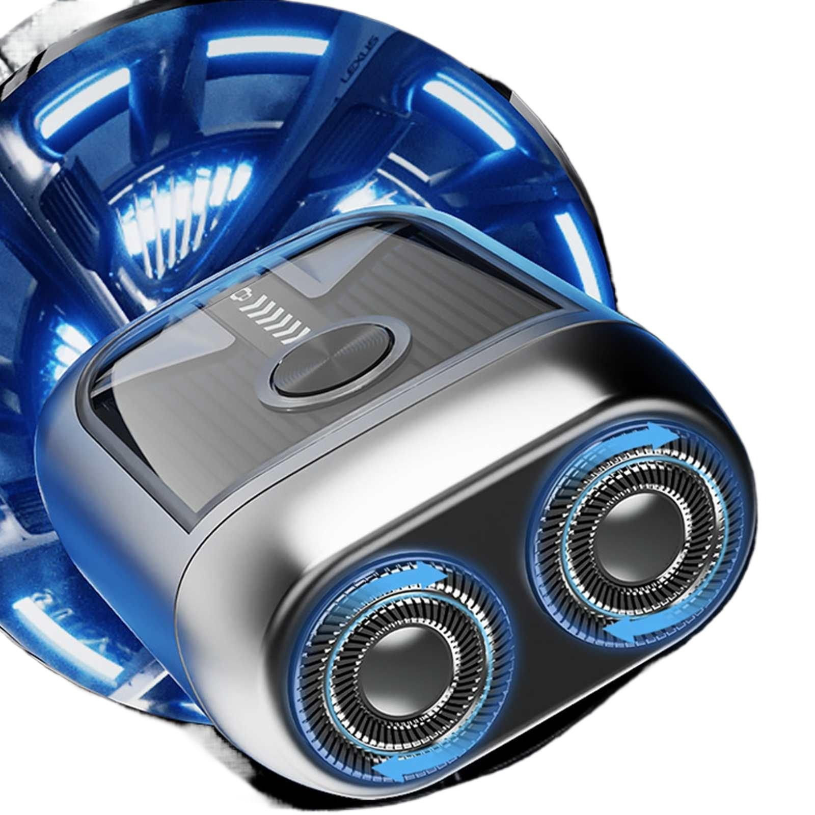 Nahaufnahme eines silbernen Elektrorasierers mit blauen Akzenten und zwei Rotationsköpfen, beleuchtet mit blauen Lichtern.