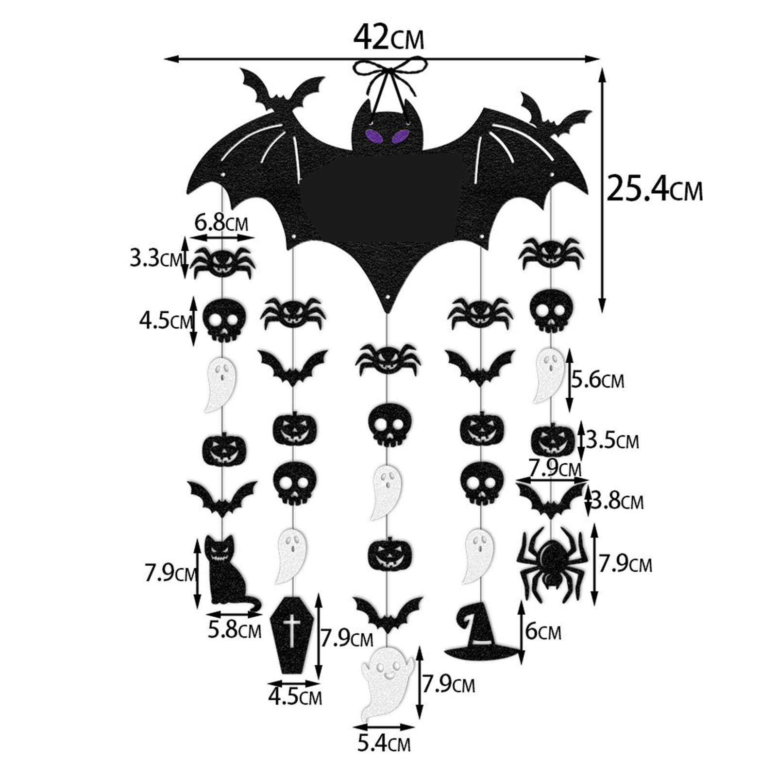 Eine Halloween-Dekoration mit Fledermäusen, Spinnen, Geistern, Kürbissen, Totenköpfen und einem Hexenhut, alles schwarz.