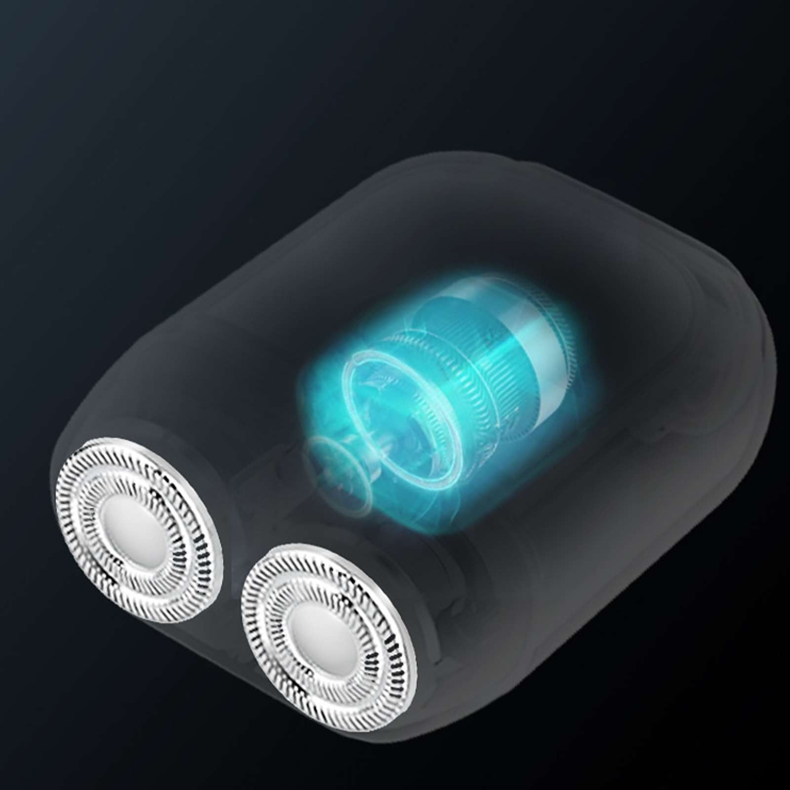 Nahaufnahme eines Elektrorasierers. Er hat zwei silberne Folienköpfe und einen blau leuchtenden Innenmechanismus auf schwarzem Hintergrund.