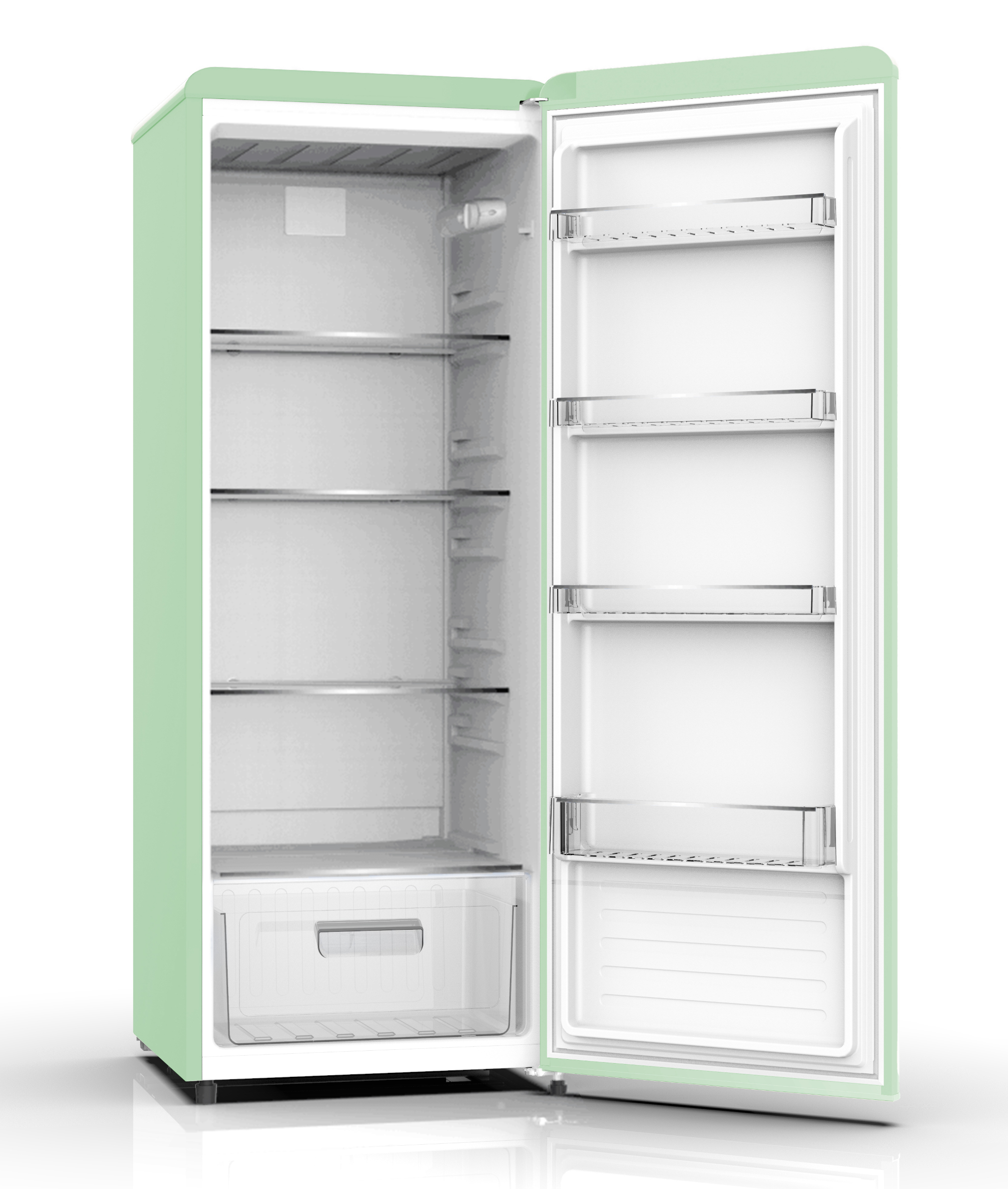 Ein mintgrüner Kühlschrank ist geöffnet und zeigt Regale und eine Gemüseschublade. Die Tür ist rechts.