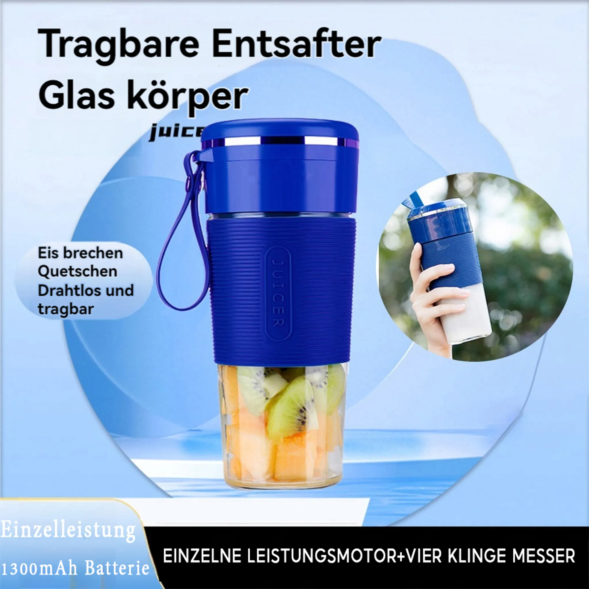 Blauer tragbarer Entsafter mit Früchten. Text enthält 'Saft', 'tragbar' und '1300mAh Batterie'.