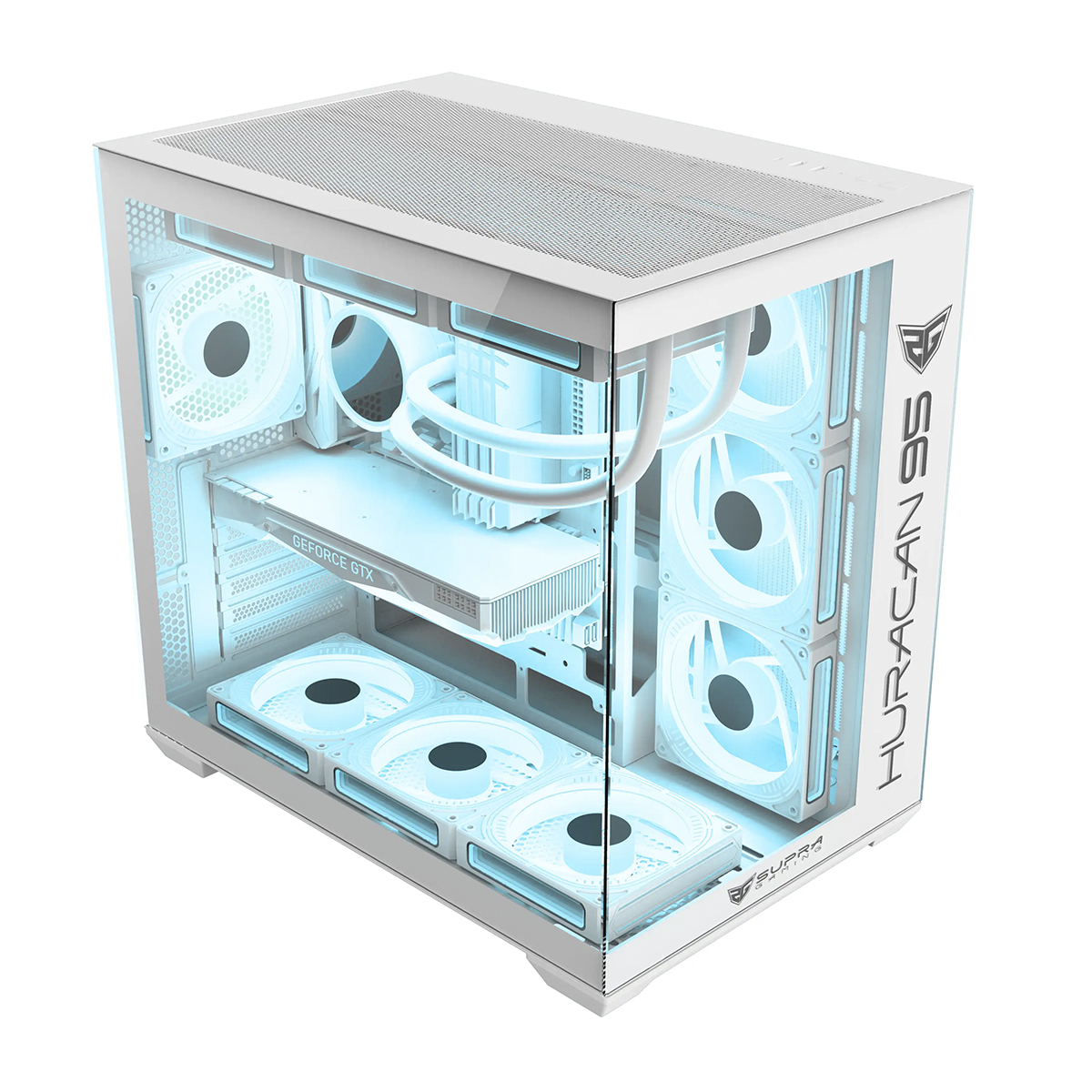 Una caja de computadora blanca con paneles de vidrio, los componentes internos están iluminados con luces azules. La caja tiene ventiladores y una tarjeta gráfica.