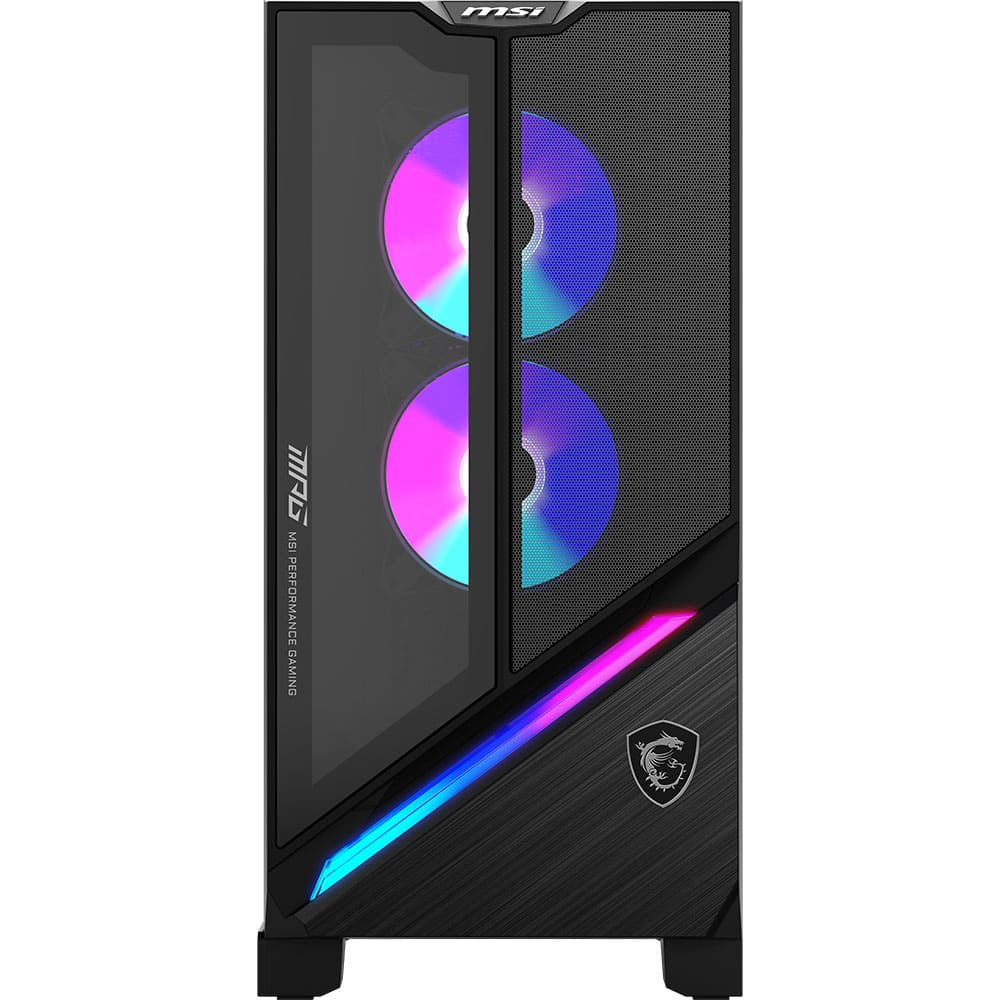 Cam panelli siyah bilgisayar kasası. Renkli ışıklı iki fan, MSI logosu ve LED şeritli bir ön panele sahiptir.