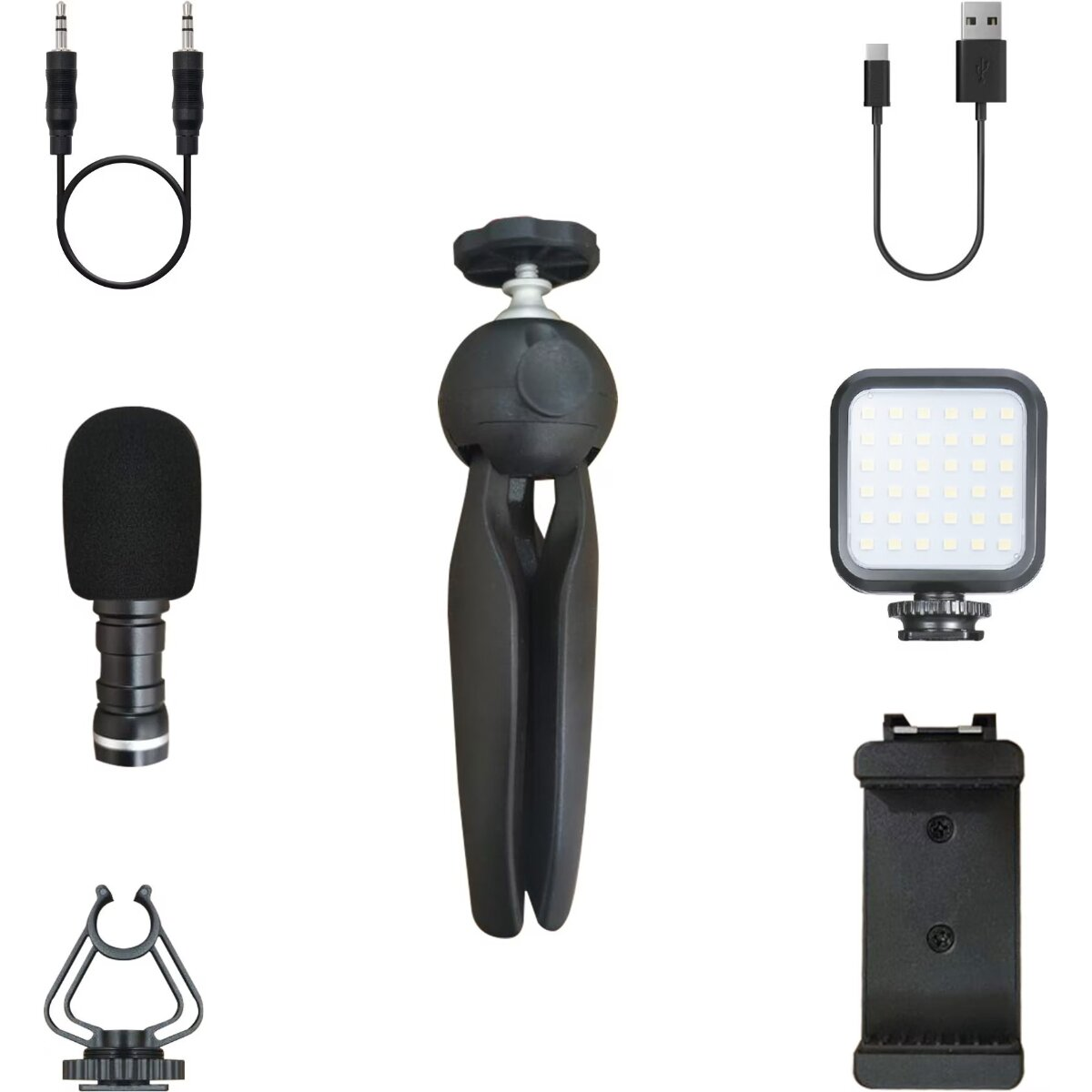 Verschillende camera-accessoires, waaronder een microfoon, statief, LED-lamp en kabels, zijn op een witte achtergrond gerangschikt.