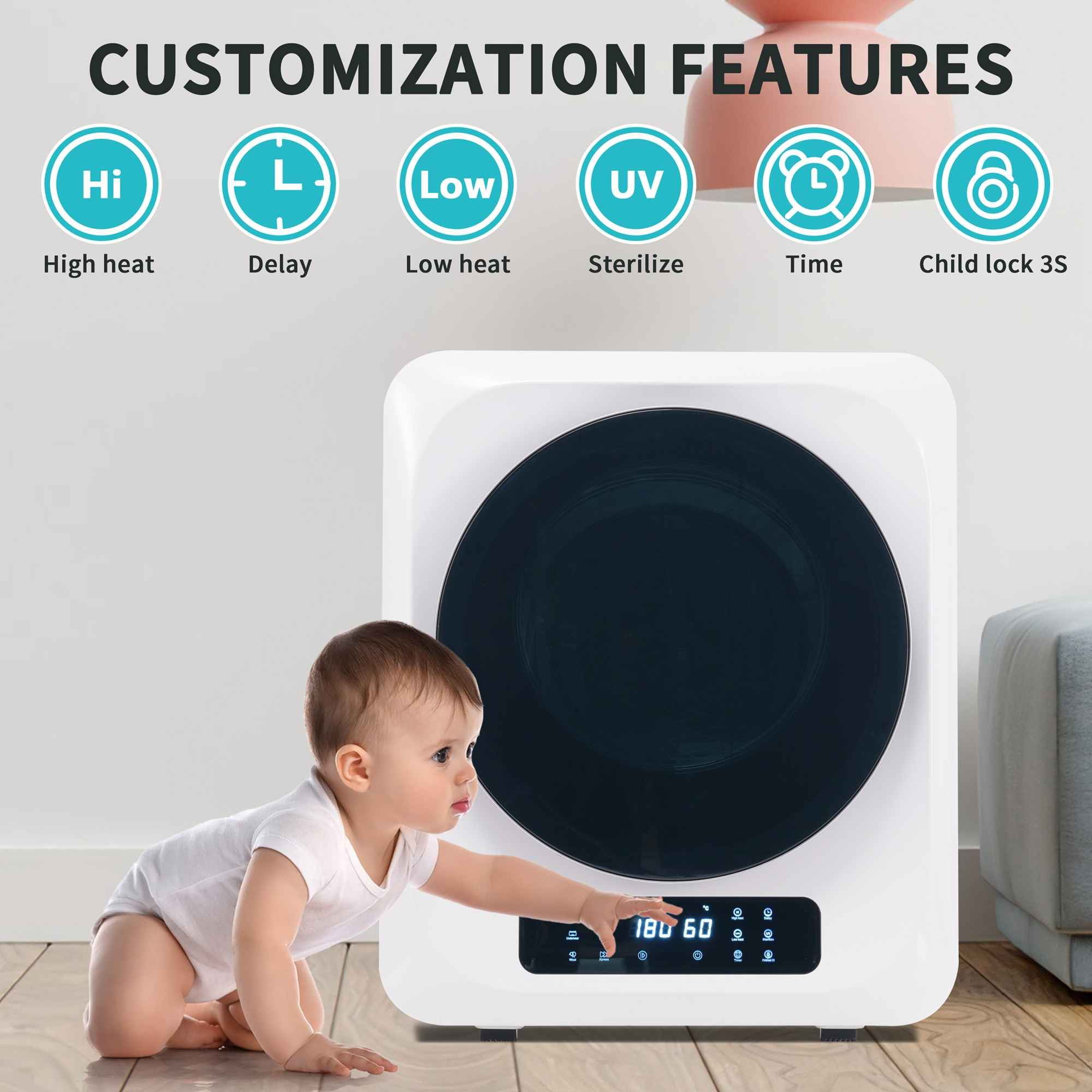 Ein Baby krabbelt auf ein weißes Gerät mit Digitalanzeige zu. Das Gerät hat mehrere Anpassungsfunktionen.