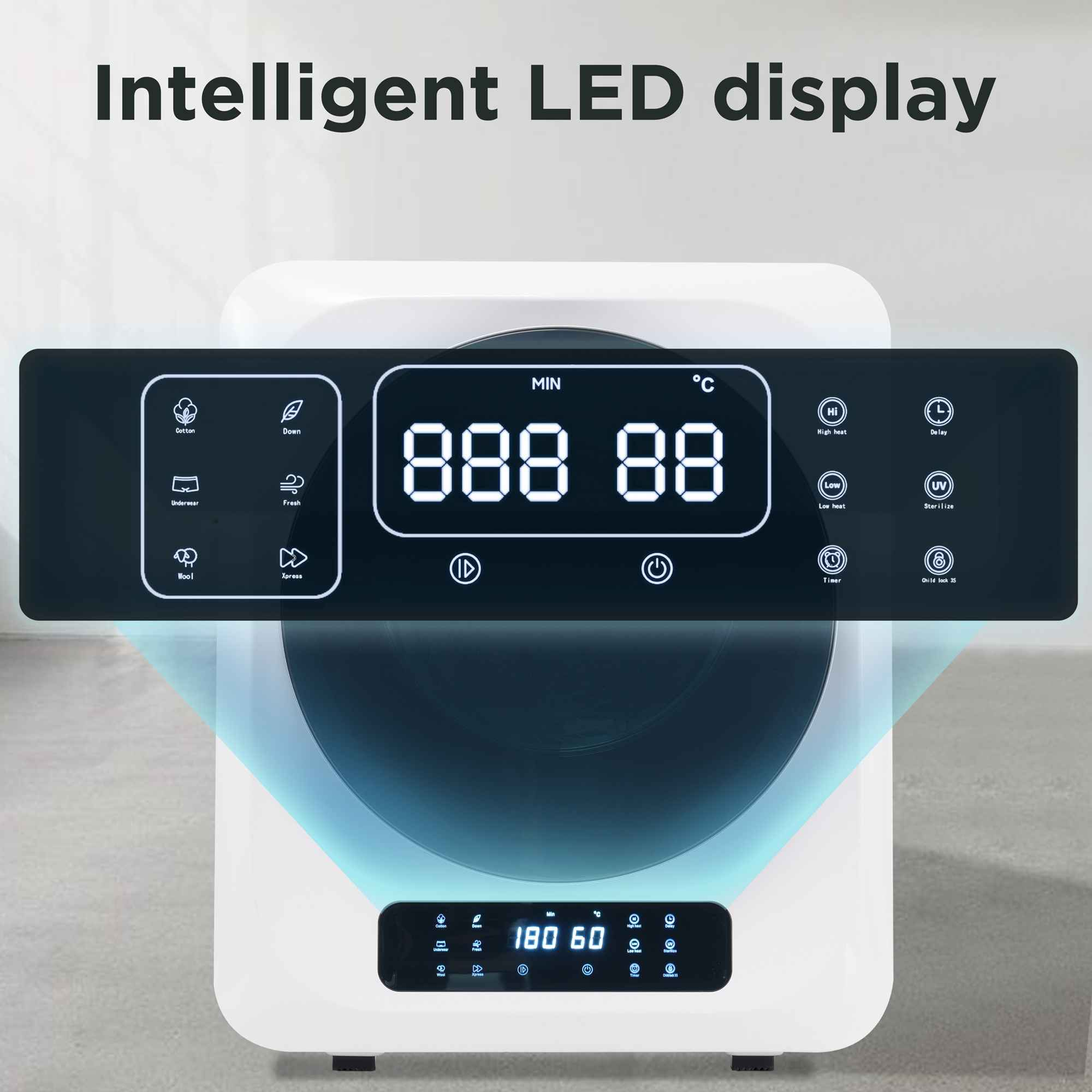 Ein weißes Gerät mit intelligentem LED-Display, das Zahlen und Symbole anzeigt. Es hat Tasten für verschiedene Funktionen.