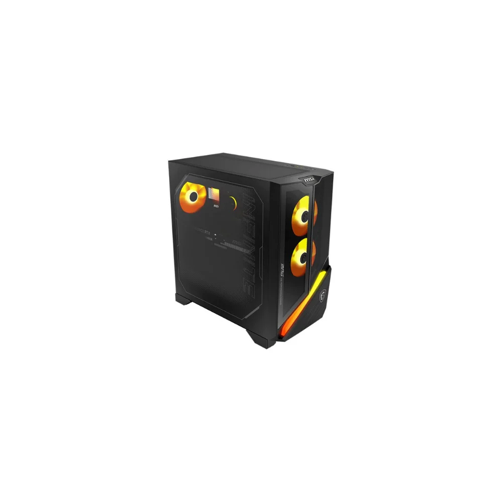 Siyah MSI Infinite oyun PC kasası, turuncu ve sarı ışıklarla. Cam yan paneli var ve INFINITE kelimesi görülebilir.