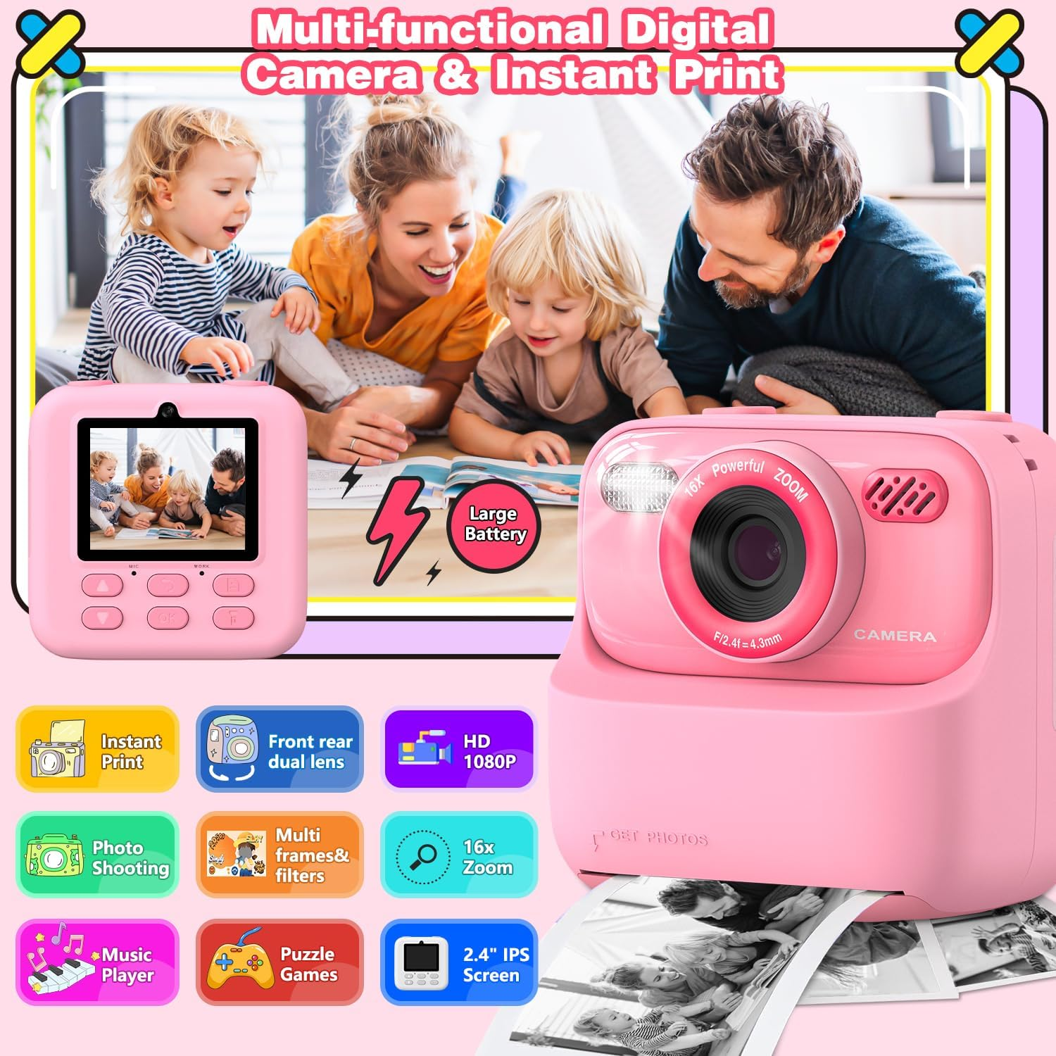 Rosa Kamera mit Familienfoto. Funktionen umfassen Sofortdruck, Zoom, Front-/Rückobjektive und Spiele. Eine vierköpfige Familie schaut in die Kamera.