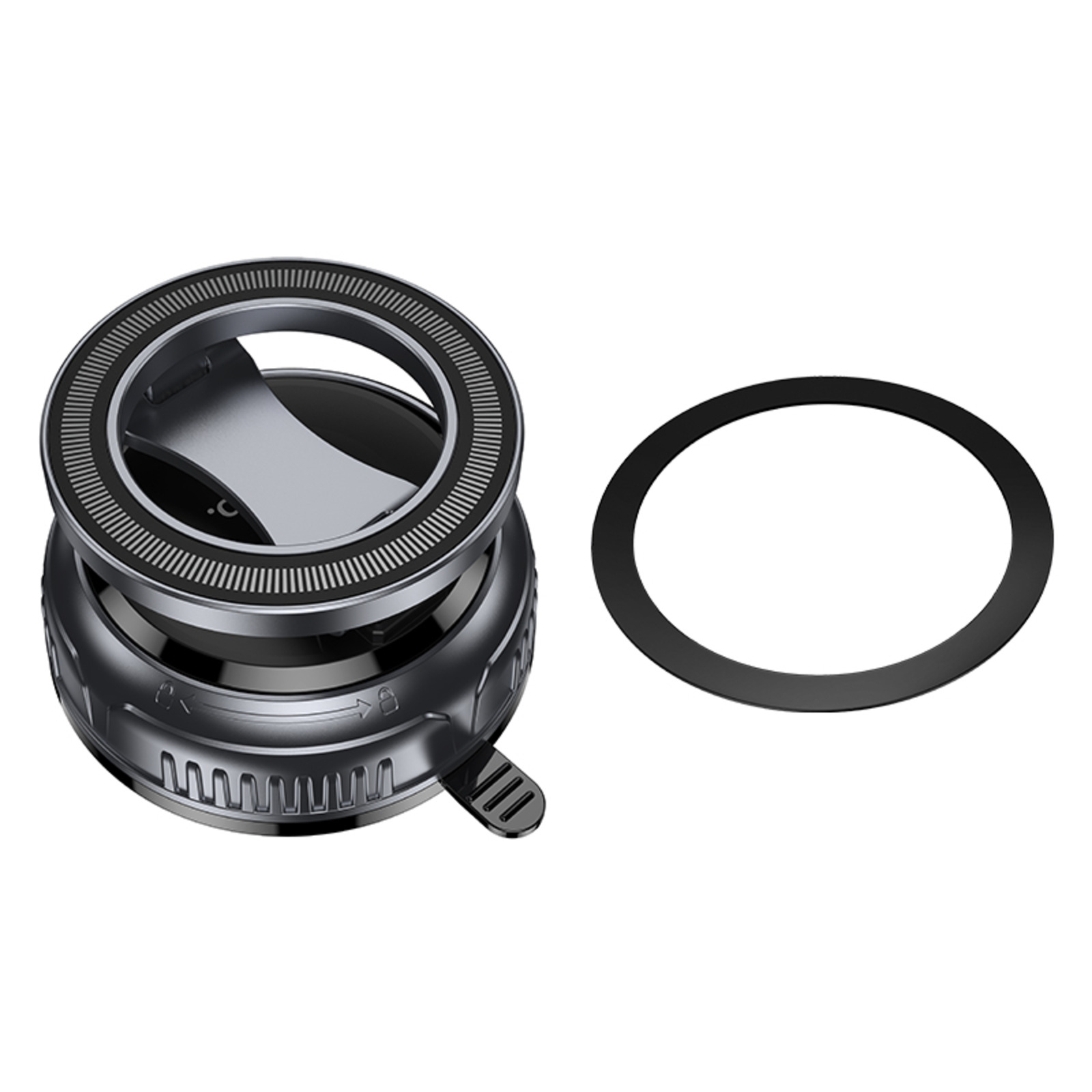 Ein metallischer Auto-Lufterfrischer mit schwarzem Ring, auf weißem Hintergrund. Der Erfrischer hat ein rundes Design.