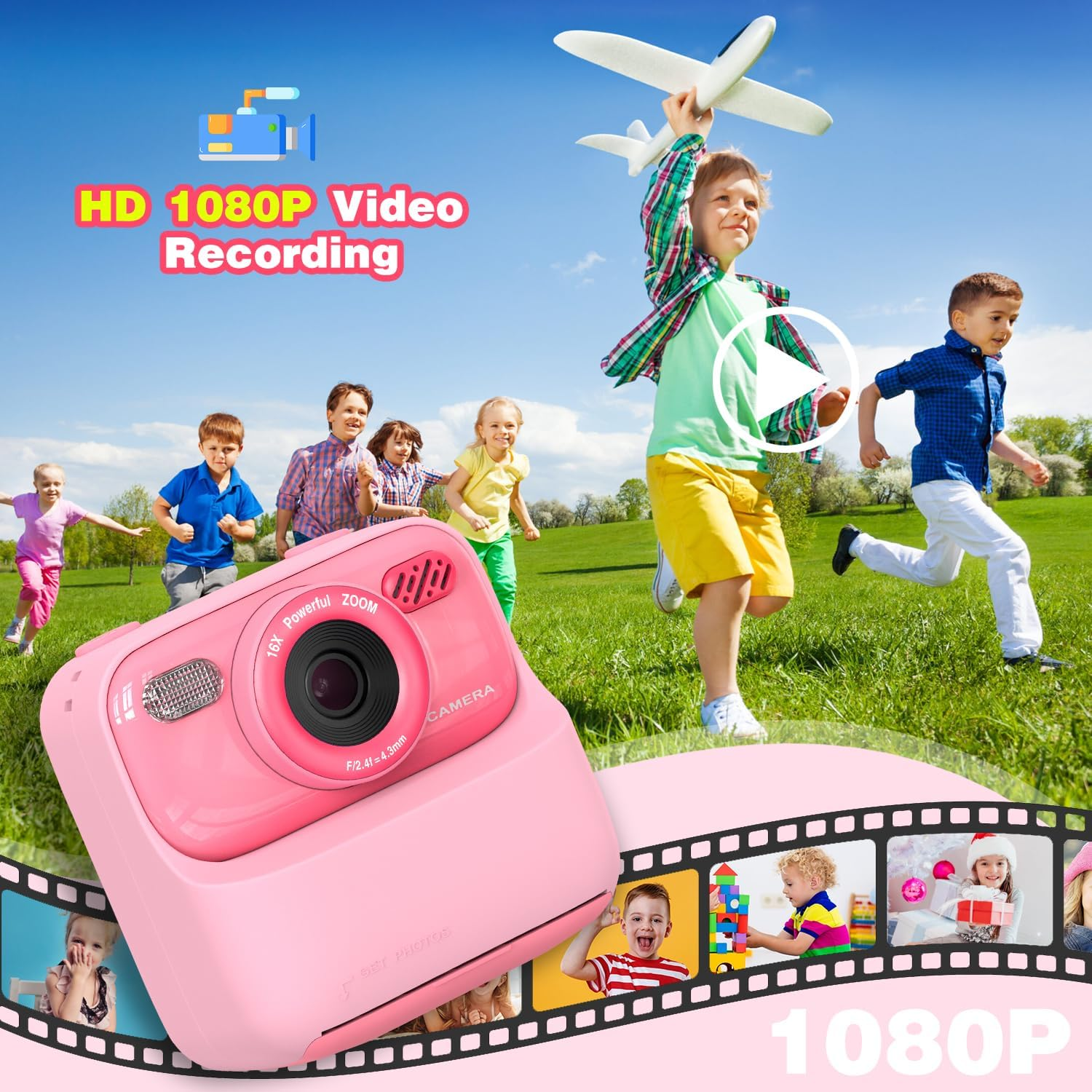 Eine rosa Kamera im Vordergrund. Kinder rennen auf einer grünen Wiese unter blauem Himmel, eines hält ein Spielzeugflugzeug.