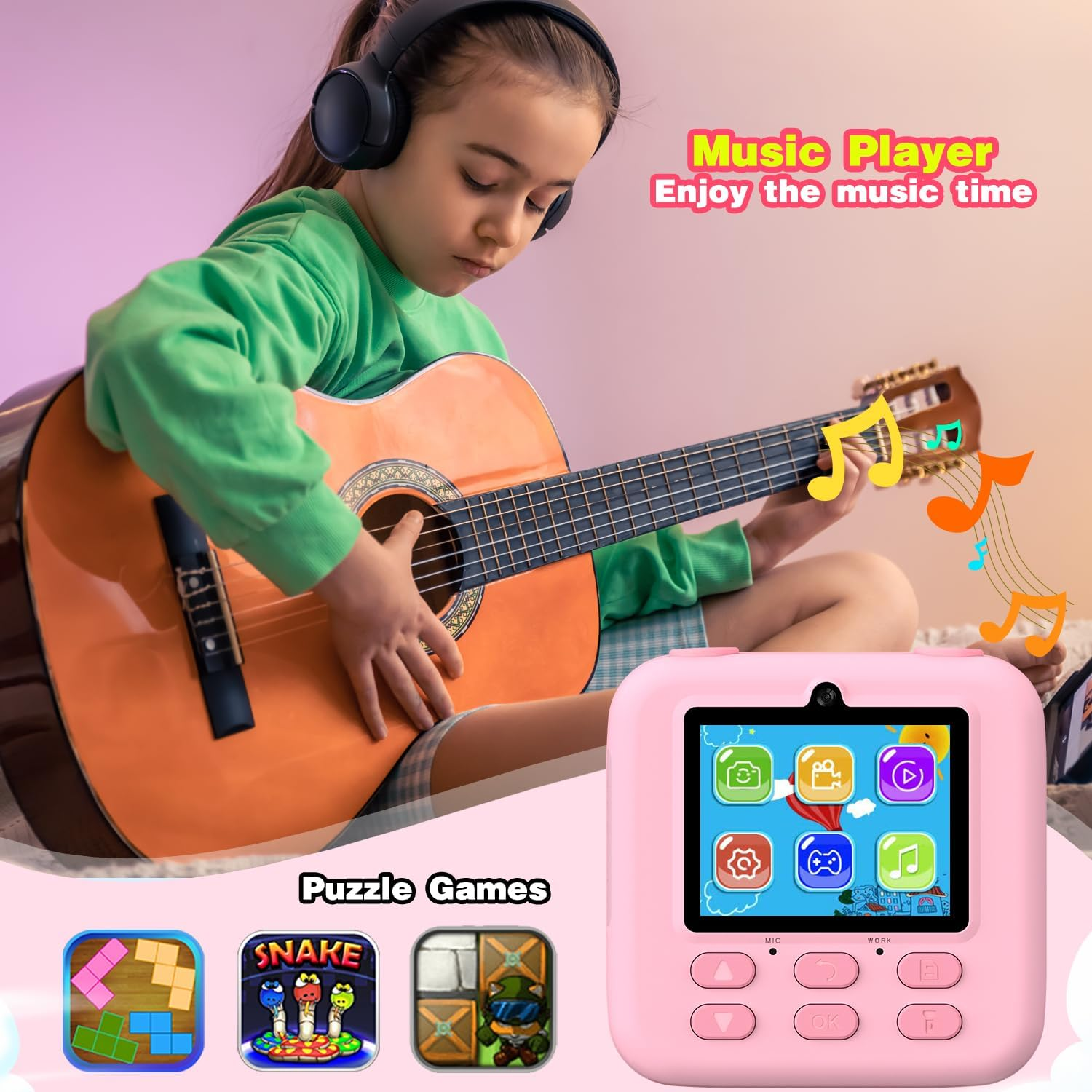 Ein Mädchen mit Kopfhörern spielt Gitarre. Im Vordergrund befindet sich ein rosa Musikplayer. Unten sind Puzzlespiel-Symbole.