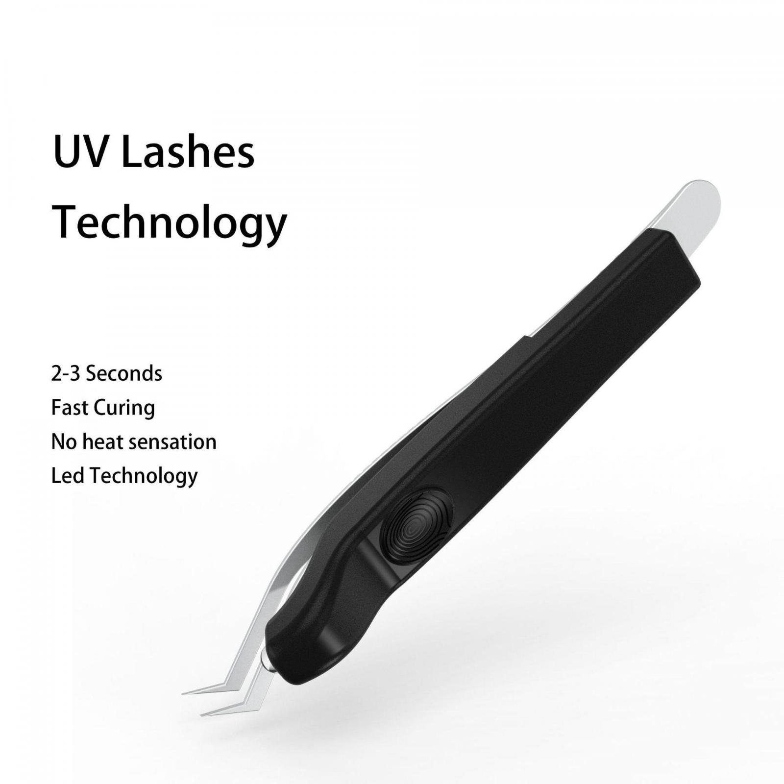 Schwarzes UV-Wimpernwerkzeug auf weißem Hintergrund. Text: UV-Wimpern Technologie. Merkmale: 2-3 Sekunden, schnelles Aushärten, keine Wärme, LED-Technologie.