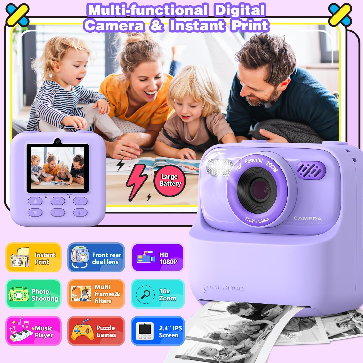 Eine lila Digitalkamera mit einer Familie, die sich Fotos ansieht. Sie hat einen Bildschirm, Zoom und Sofortdruck. Es gibt Funktionssymbole.