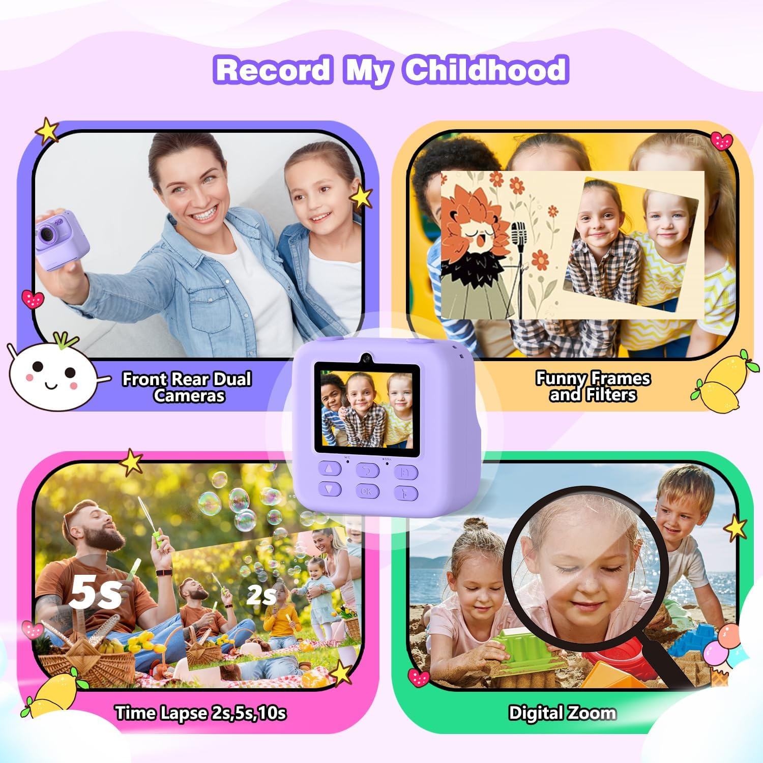 Eine lila Kamera mit Funktionen wie Dual-Kameras, lustigen Filtern, Digitalzoom und Zeitraffer. Bilder zeigen Kinder und Erwachsene.