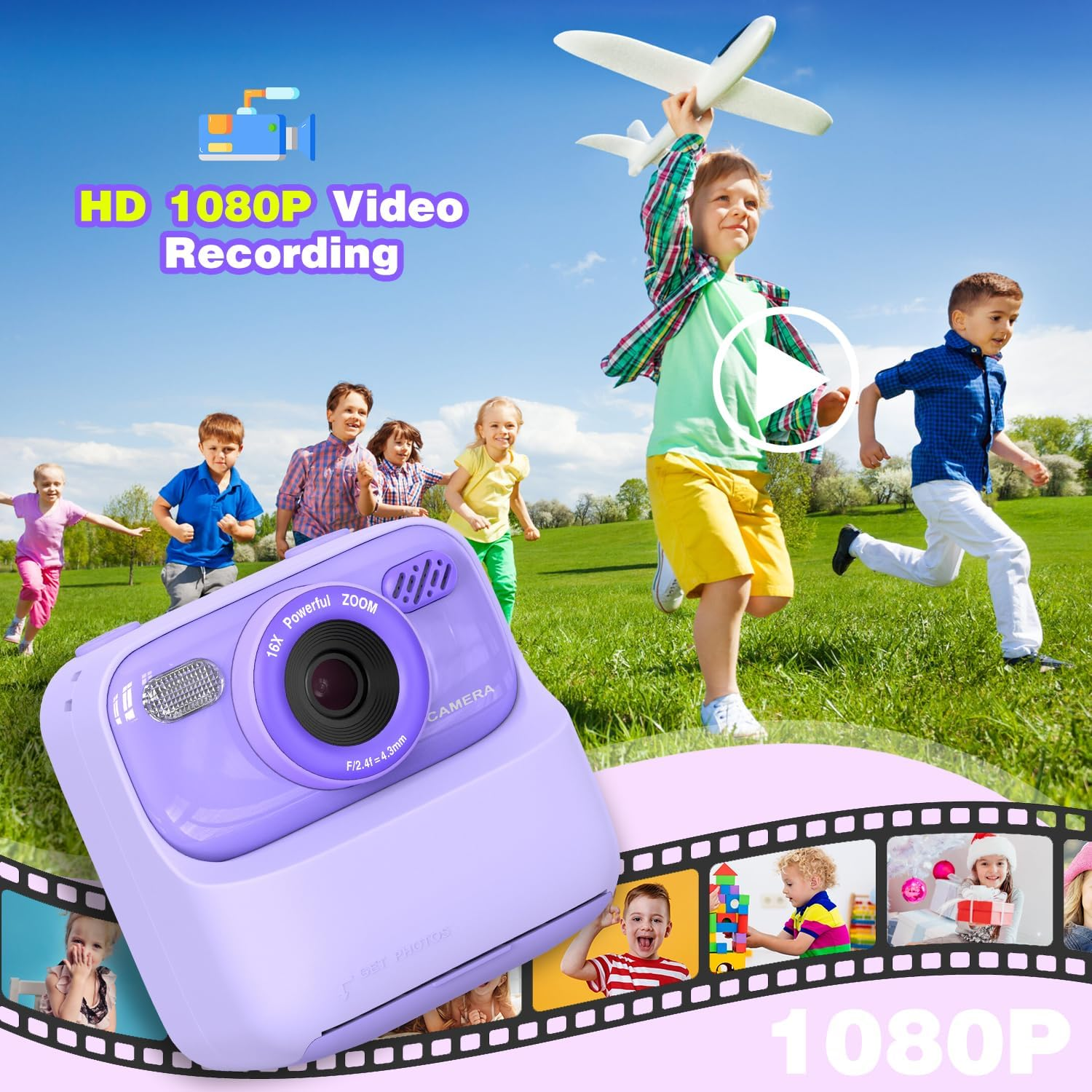 Kinder rennen auf einem Feld, eines hält ein Flugzeug. Im Vordergrund befindet sich eine lila Kamera. Text: HD 1080P Videoaufzeichnung.