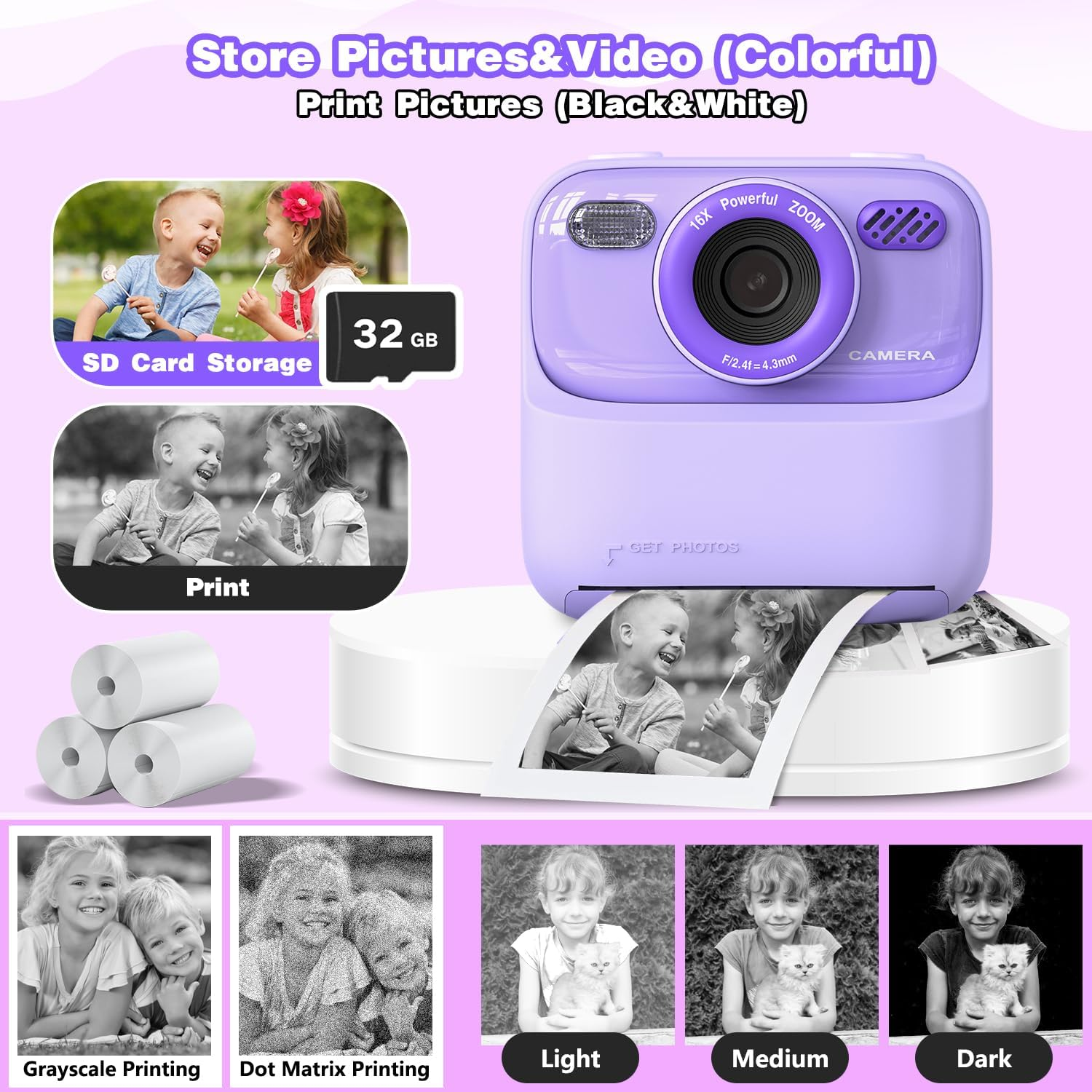 Eine lila Kamera mit Druckfunktion. Kinderfotos werden angezeigt und gedruckt. Optionen für Druckstile sind verfügbar.