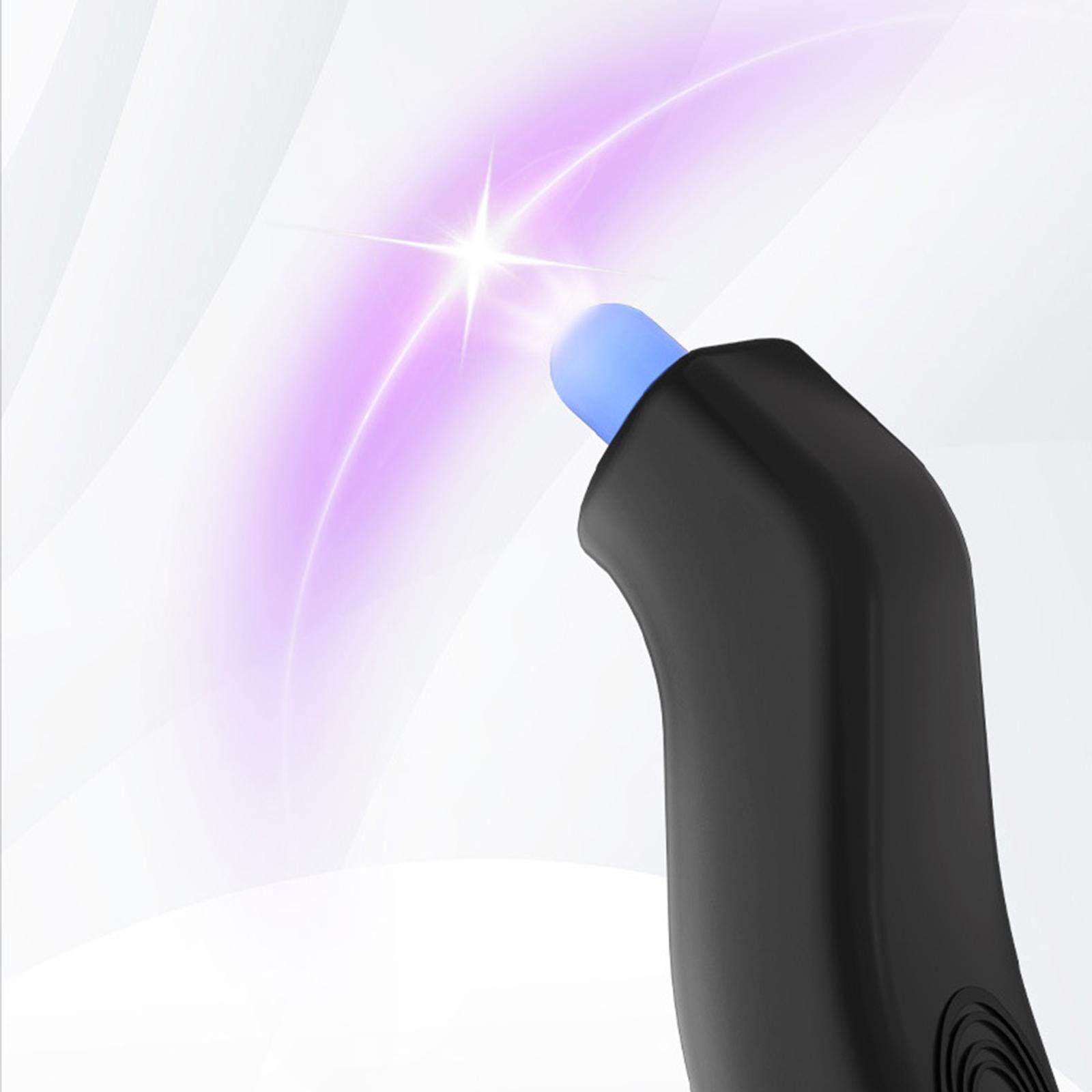 Eine schwarze UV-Nagellampe, die violettes Licht emittiert. Der Hintergrund hat weiße und violette Kurven.