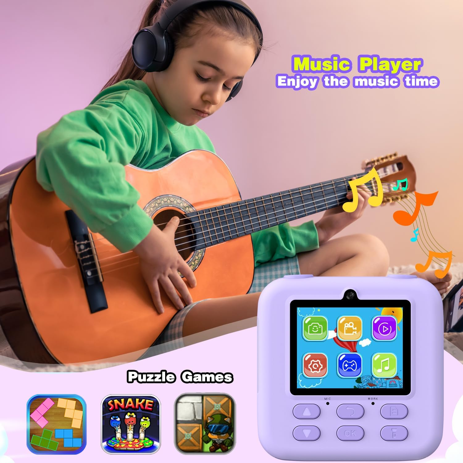 Ein Mädchen spielt Gitarre mit Kopfhörern. Ein violetter Musik-Player und Puzzlespiel-Icons sind im Vordergrund.