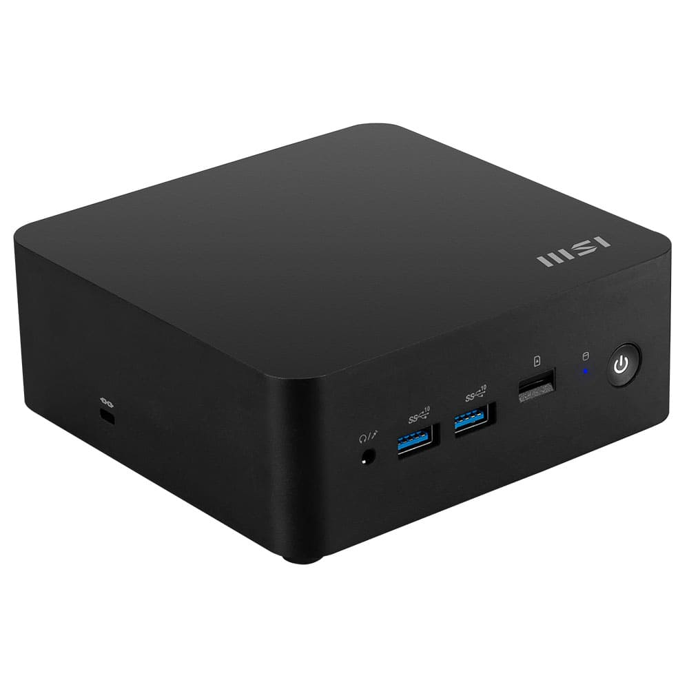 Een zwarte mini-computer met aan/uit-knop, USB-poorten en het MSI-logo op een witte achtergrond.