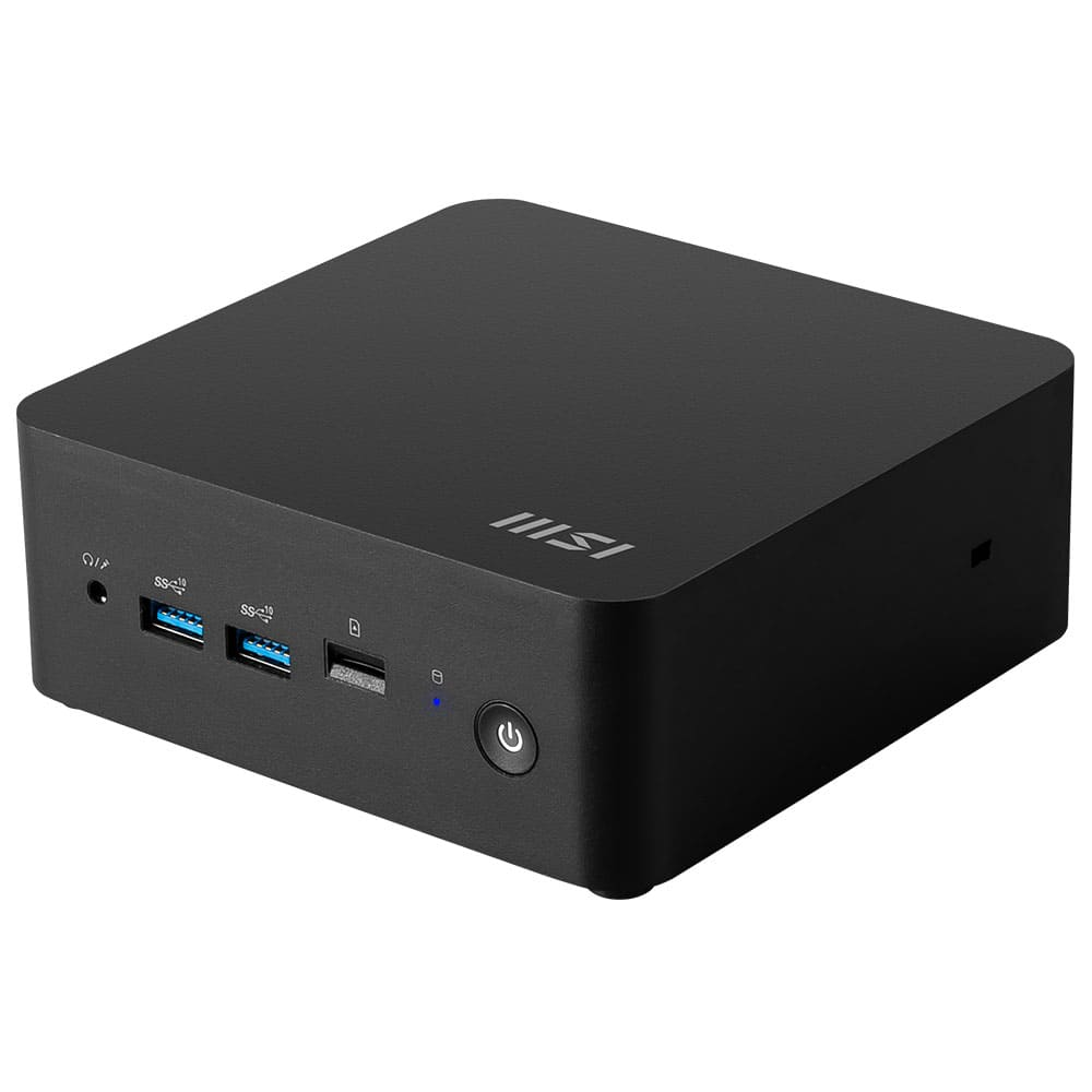 Een zwarte mini-pc met poorten en een aan/uit-knop. De voorkant heeft USB-poorten. De bovenkant heeft het MSI-logo.