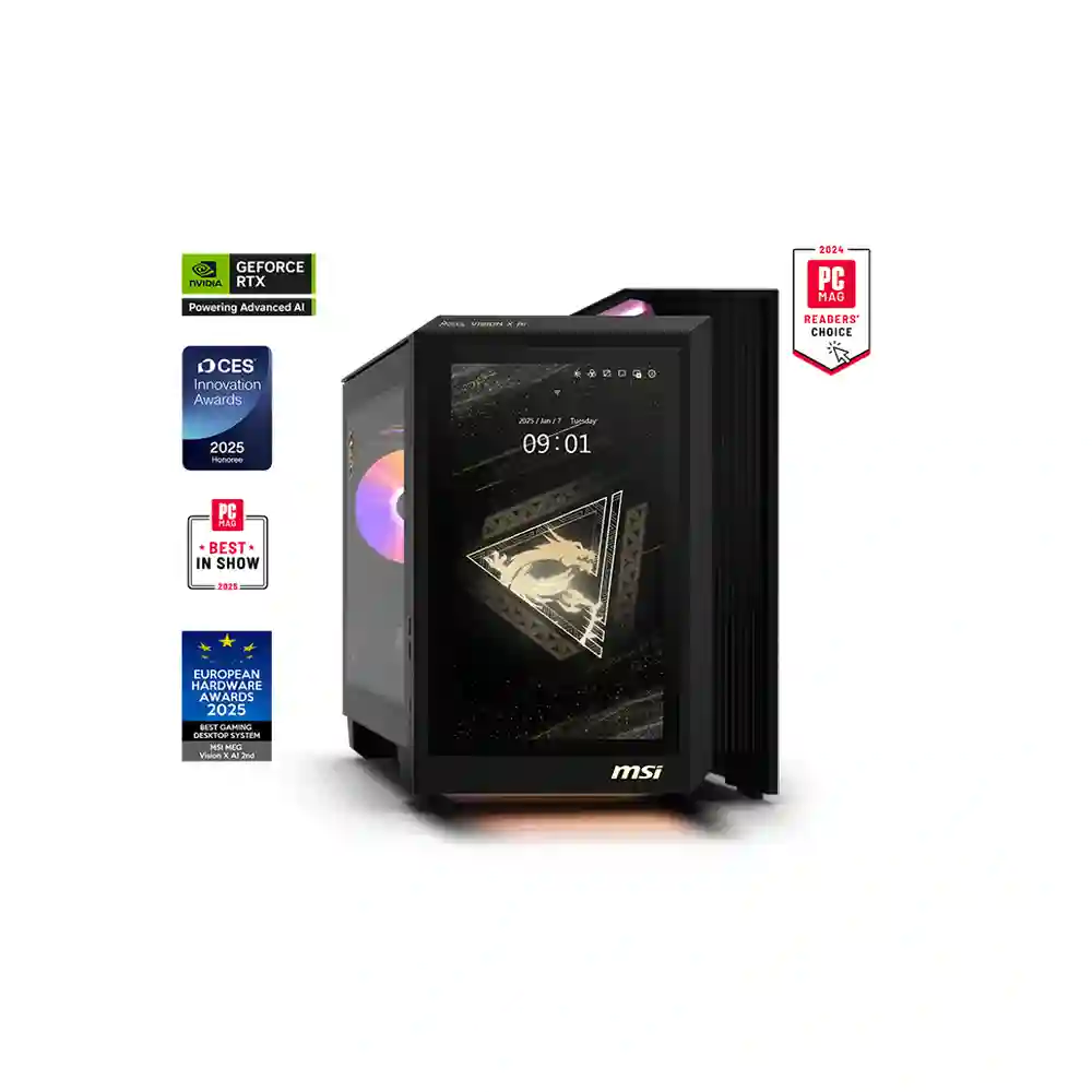 Un ordenador de sobremesa MSI negro con pantalla que muestra la hora y el logotipo, rodeado de premios y logotipos. Se ven insignias de Nvidia y CES.