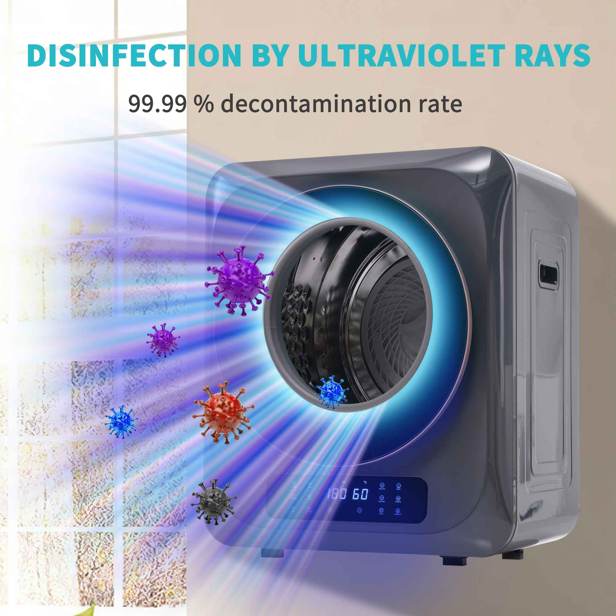 Grauer UV-Sterilisator mit Leuchtring. Farbige Viren schweben in der Nähe. Text: 'Desinfektion durch UV-Strahlen, 99,99 % Rate'.