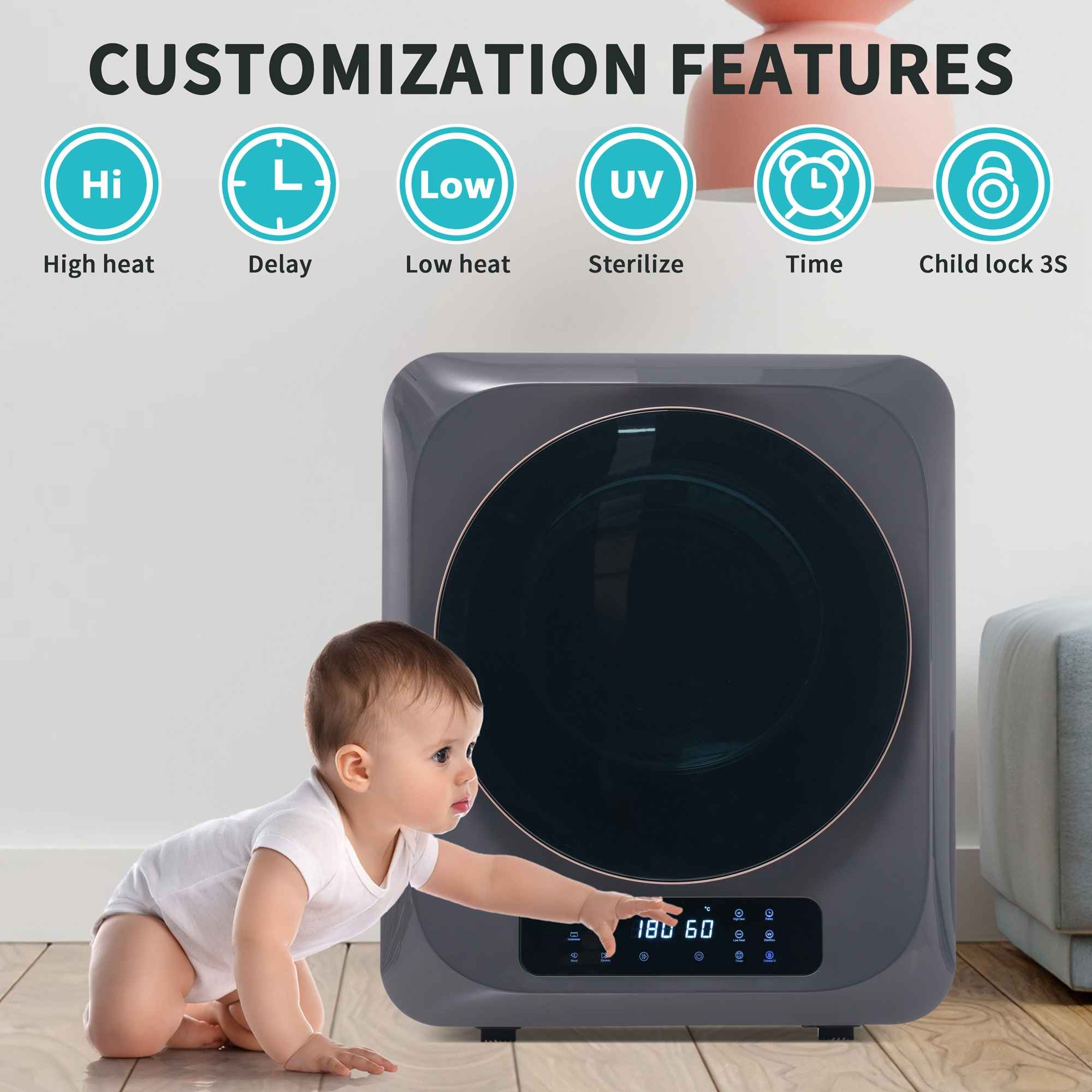 Ein Baby krabbelt auf einen grauen Trockner zu, der Anpassungsoptionen hat. Der Trockner zeigt eine Temperaturanzeige. Text lautet 'CUSTOMIZATION FEATURES'.