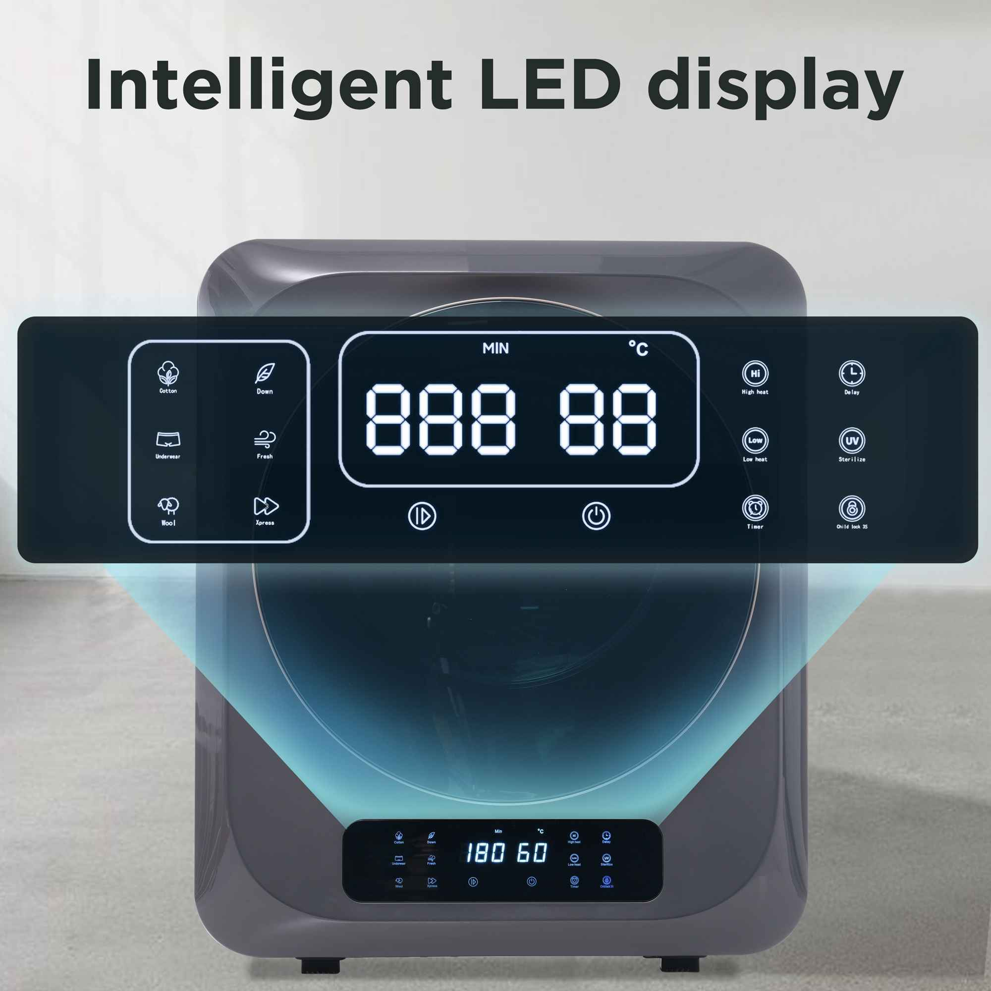 Ein graues Gerät mit LED-Anzeige mit Zahlen und Symbolen. Text lautet 'Intelligente LED-Anzeige'.