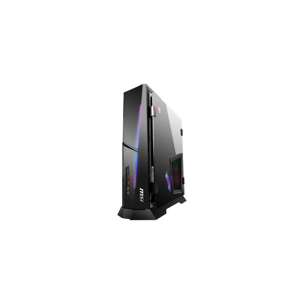 Siyah MSI oyun bilgisayarı kasası. Parlak bir ön panele, RGB aydınlatmaya ve MSI logosuna sahip. Beyaz zemin üzerinde açılı görünüm.