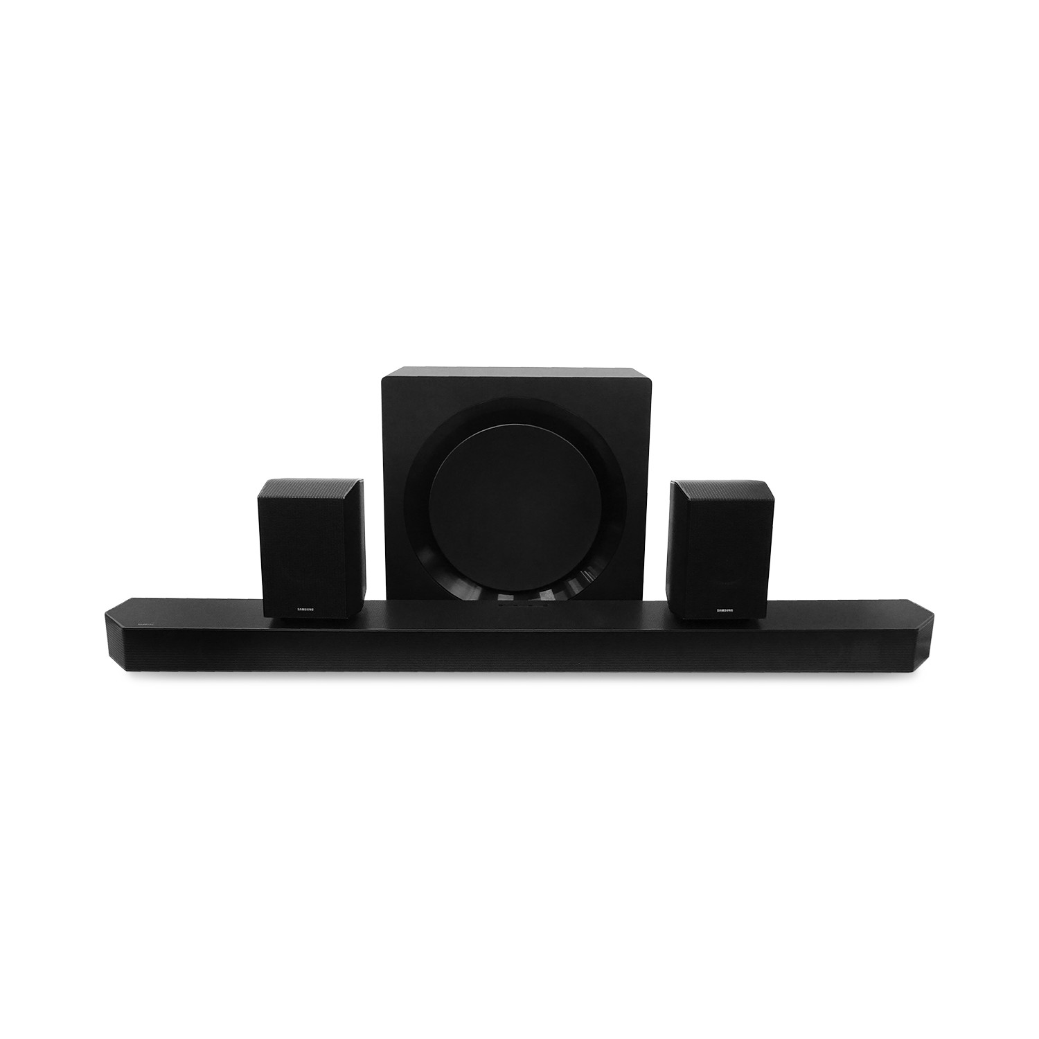 Ein schwarzes Soundsystem auf weißem Hintergrund. Es umfasst eine Soundbar, einen Subwoofer und zwei Satellitenlautsprecher.