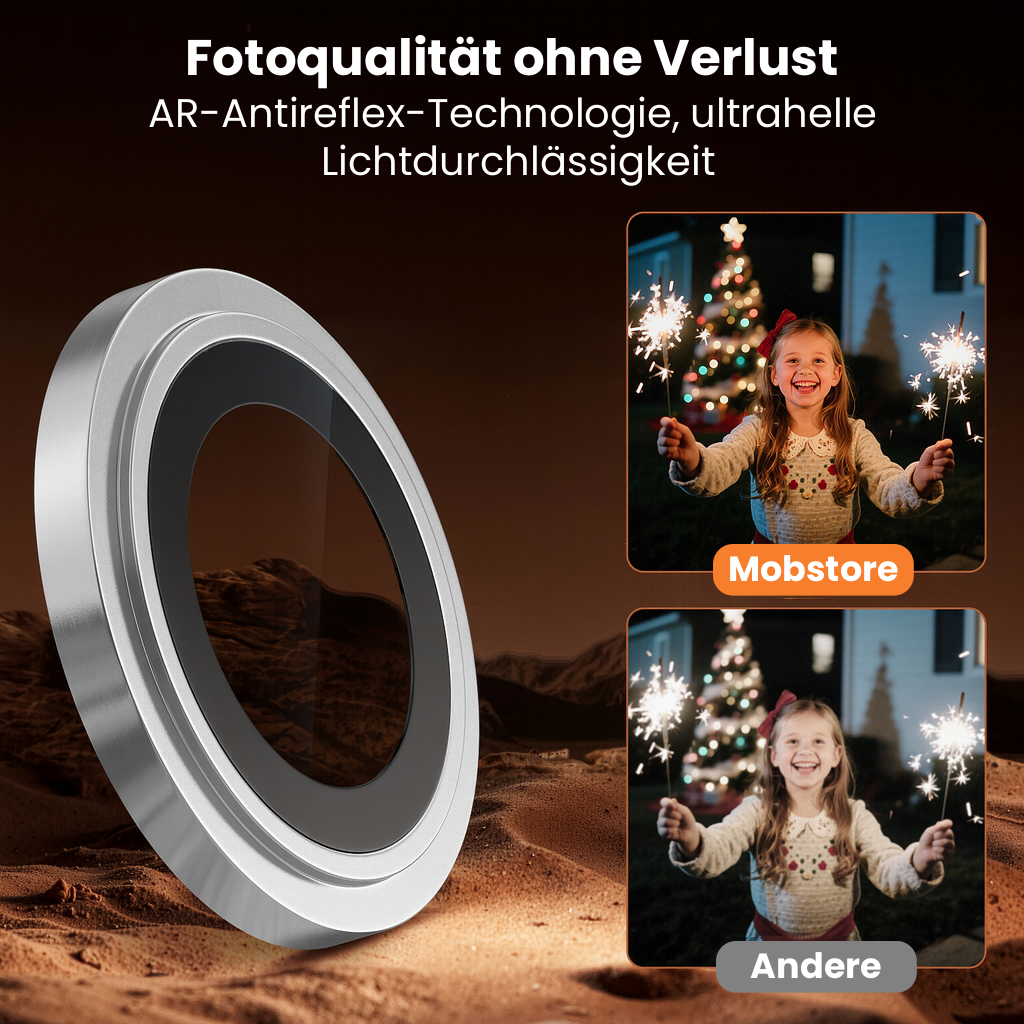 Ein Metallring mit Glas, Text und zwei Bildern eines Mädchens, das Wunderkerzen vor einem Weihnachtsbaum hält.