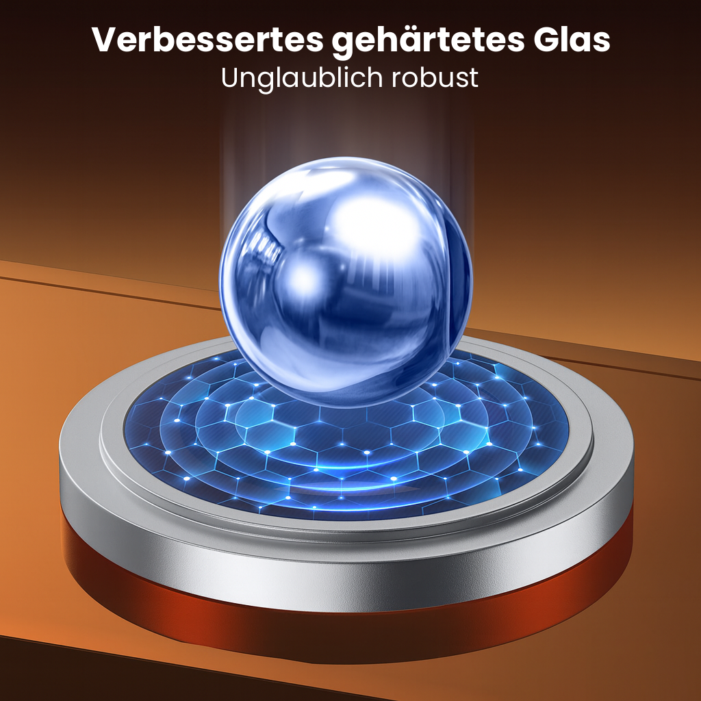 Eine blaue Kugel sitzt auf einer silbernen und blauen sechseckigen Plattform. Der Hintergrund ist braun. Der Text oben lautet 'Verbessertes gehärtetes Glas'.