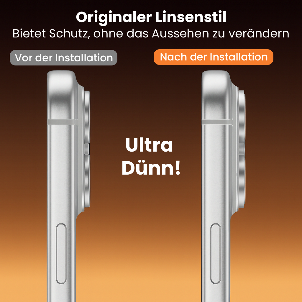 Das Bild zeigt zwei Telefonschutzgläser, eines mit der Aufschrift 'Vor der Installation' und das andere 'Nach der Installation'. Text sagt 'Ultra dünn!'