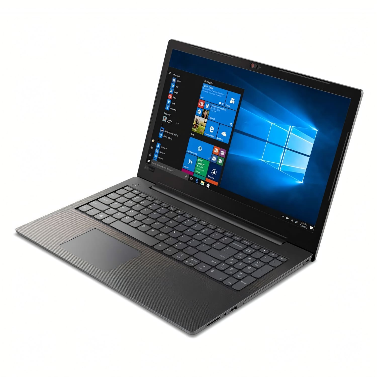 Un portátil Lenovo está abierto, mostrando la interfaz de Windows. El portátil es gris con teclado negro y webcam.