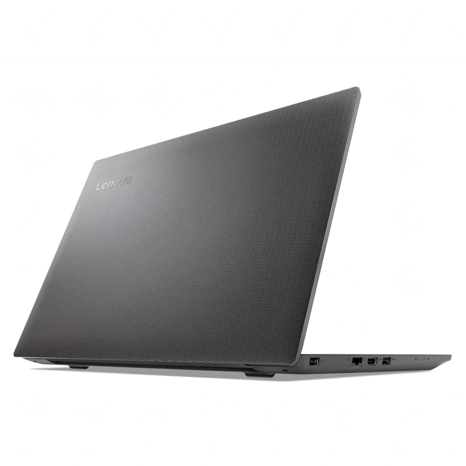 Una computadora portátil Lenovo gris está abierta sobre una superficie blanca. La pantalla está inclinada hacia atrás, revelando el teclado y los puertos.