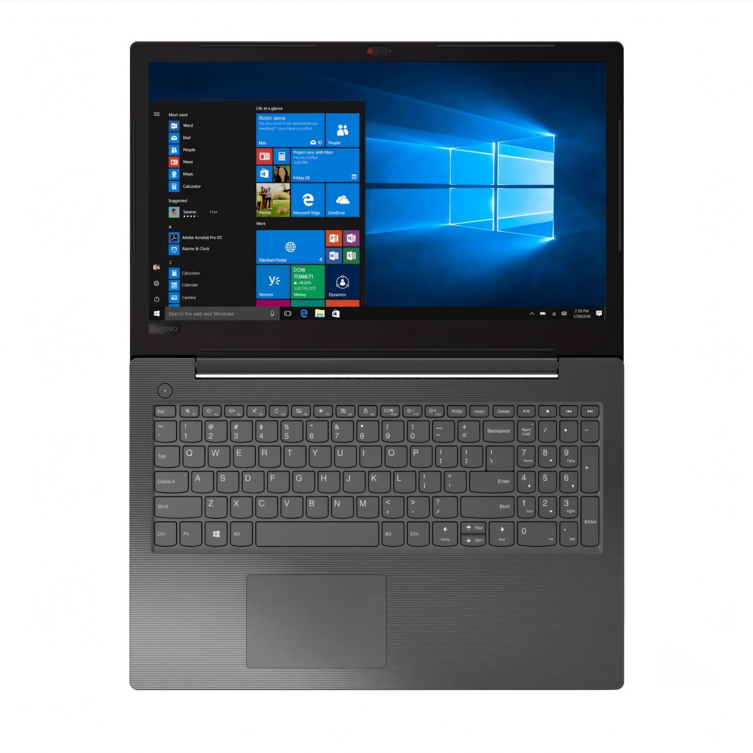 Un portátil con interfaz de Windows está abierto. El teclado es visible, con un panel táctil. La pantalla muestra el menú de inicio.