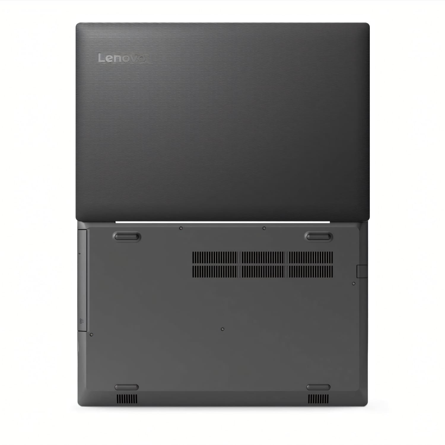 Portátil Lenovo gris, abierto. La parte superior muestra la pantalla con el logotipo de Lenovo. La parte inferior muestra el área del teclado, con rejillas y puertos, sobre fondo blanco.