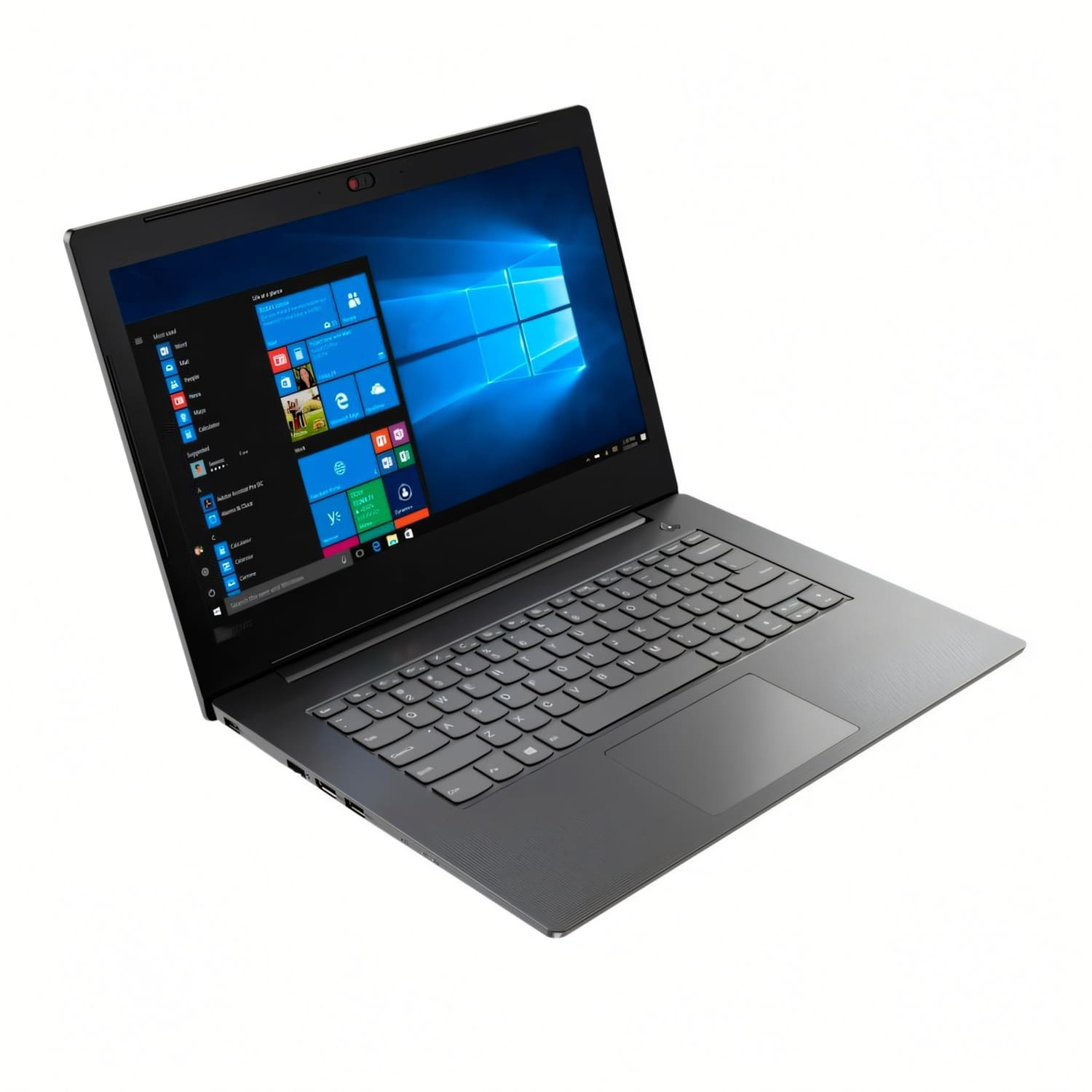 Una laptop gris está abierta, mostrando la interfaz de Windows. El teclado y el panel táctil son visibles. El fondo es blanco.