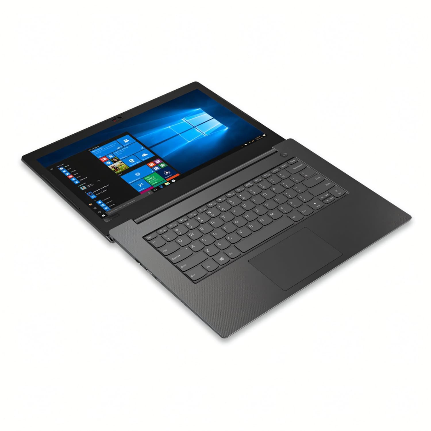 Un portátil gris oscuro está abierto sobre una superficie blanca. La pantalla muestra el escritorio de Windows. El teclado y el panel táctil son visibles.
