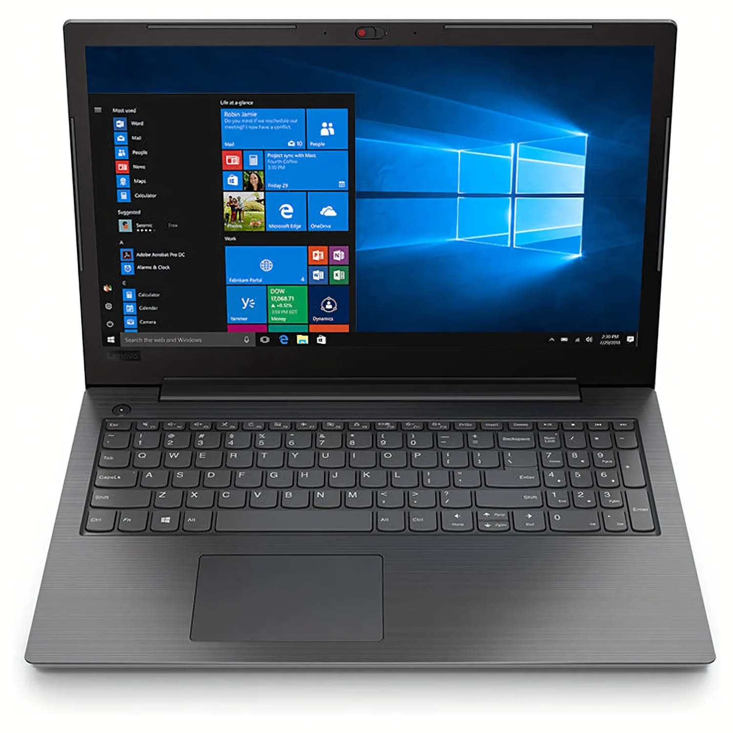 Una laptop Lenovo está abierta, mostrando la interfaz de Windows. El teclado y el panel táctil son visibles. La pantalla muestra iconos de aplicaciones.