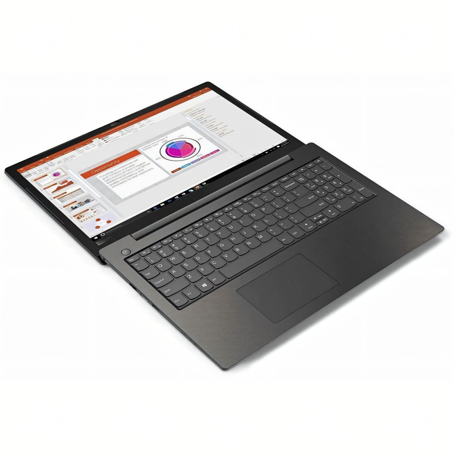 Una laptop negra muestra una presentación titulada 'Oportunidad'. El teclado es visible, la laptop está sobre una superficie blanca.
